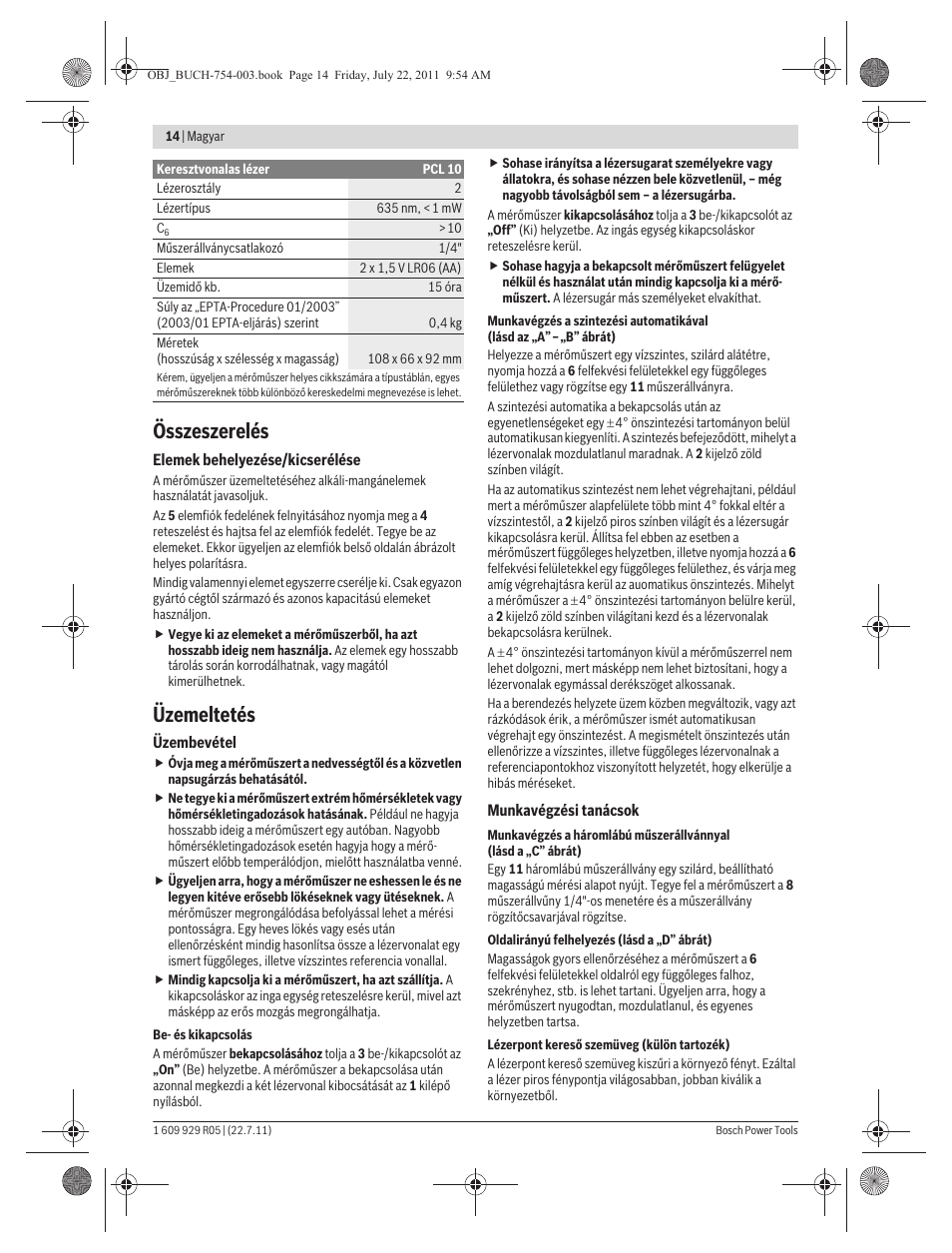 Összeszerelés, Üzemeltetés | Bosch PCL 10 User Manual | Page 14 / 39