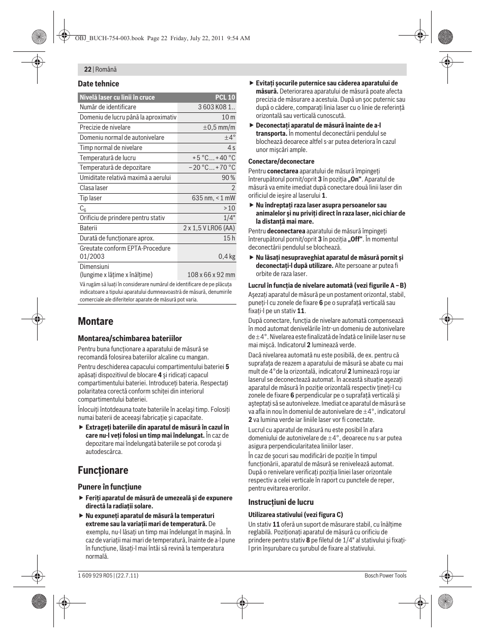 Montare, Funcţionare | Bosch PCL 10 User Manual | Page 22 / 39