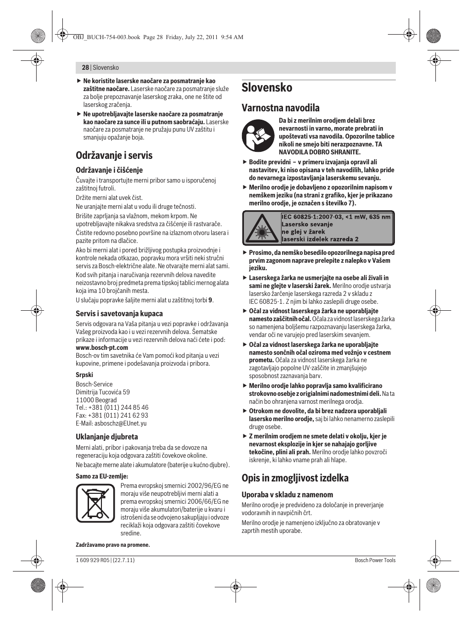 Slovensko, Održavanje i servis, Varnostna navodila | Opis in zmogljivost izdelka | Bosch PCL 10 User Manual | Page 28 / 39