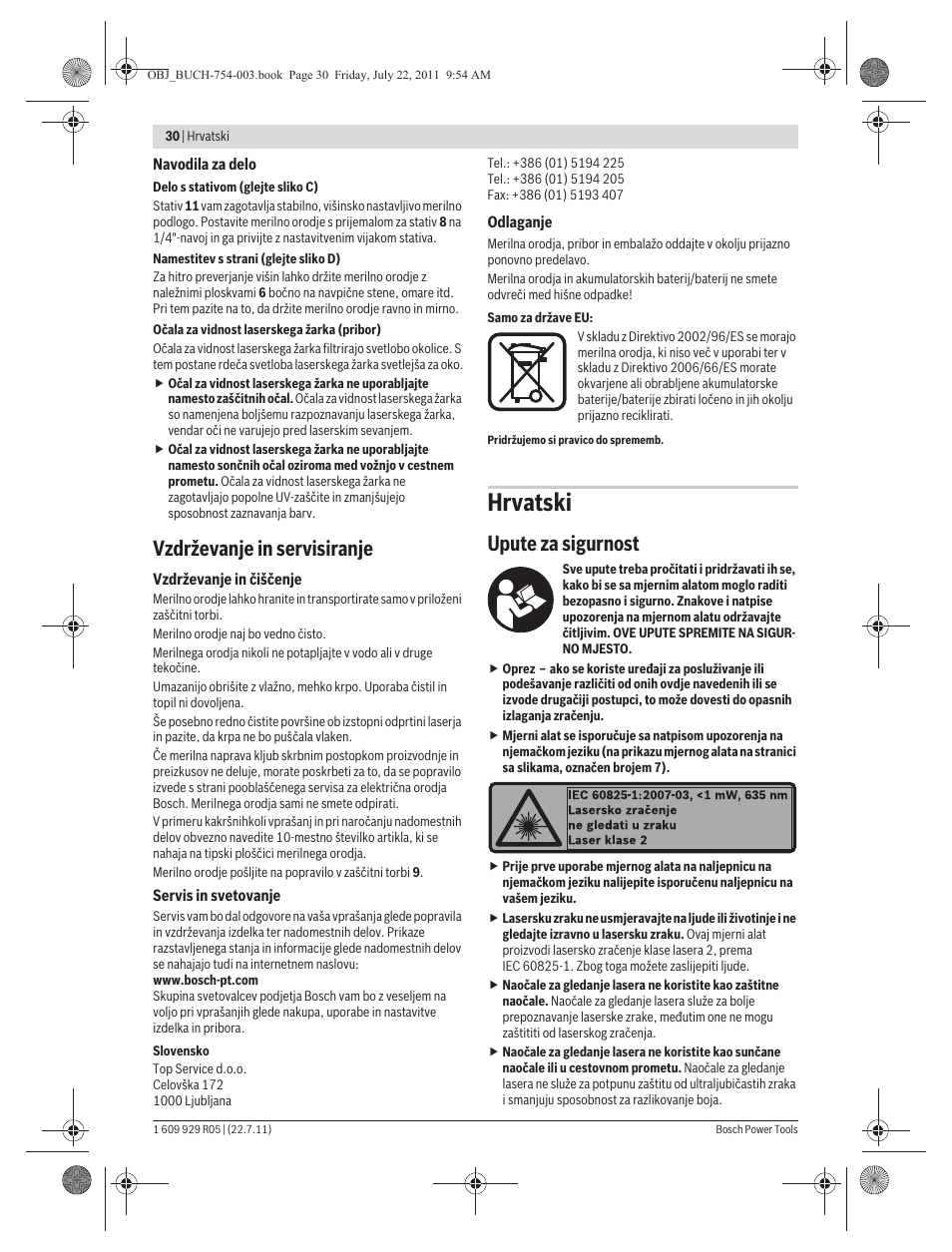 Hrvatski, Vzdrževanje in servisiranje, Upute za sigurnost | Bosch PCL 10 User Manual | Page 30 / 39