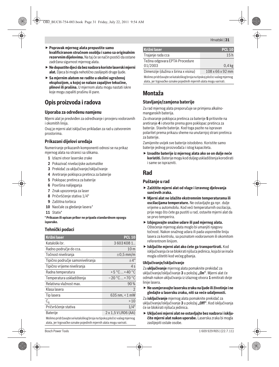 Opis proizvoda i radova, Montaža | Bosch PCL 10 User Manual | Page 31 / 39