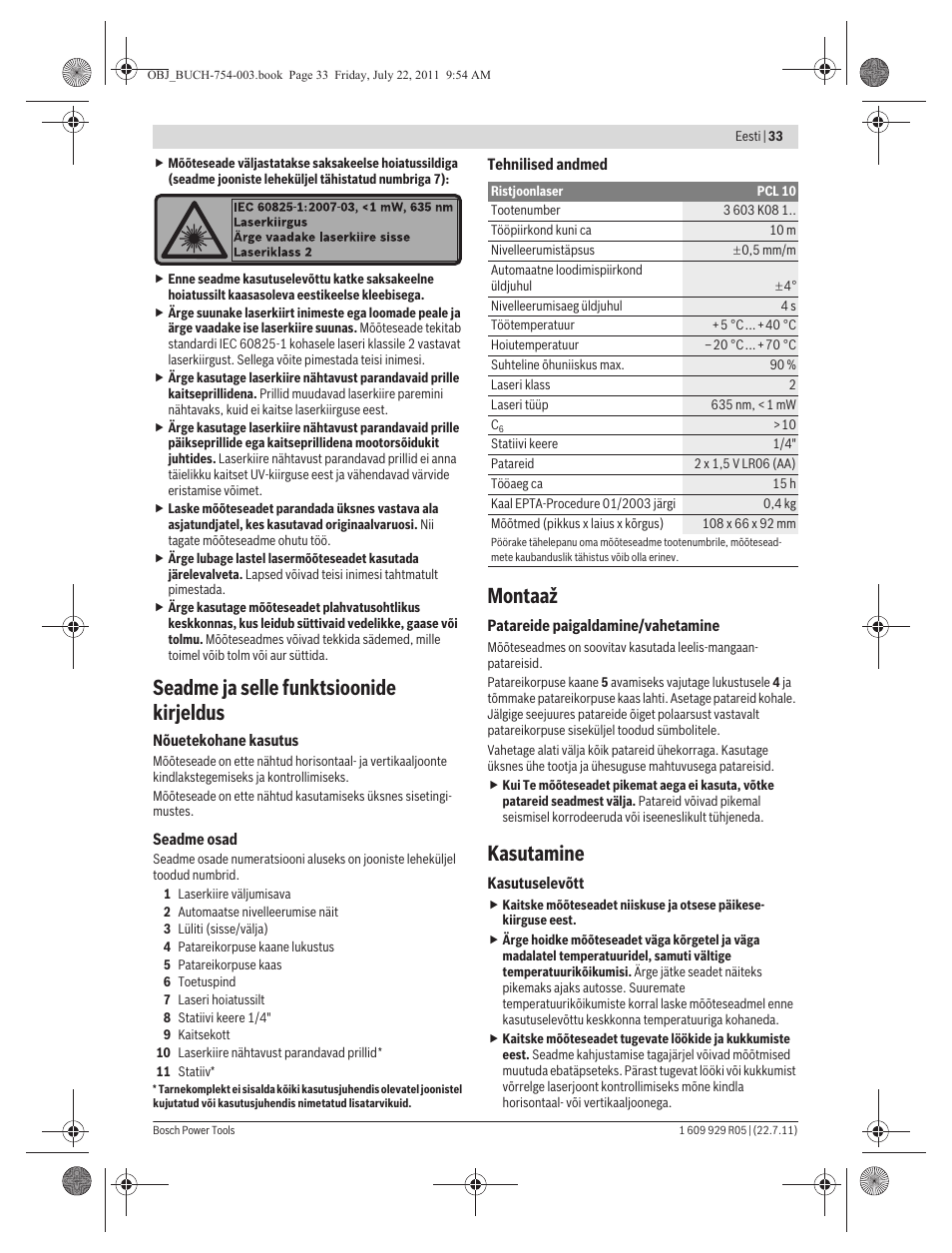 Seadme ja selle funktsioonide kirjeldus, Montaaž, Kasutamine | Bosch PCL 10 User Manual | Page 33 / 39