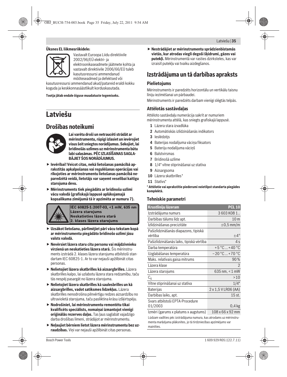 Latviešu, Izstrādājuma un tā darbības apraksts | Bosch PCL 10 User Manual | Page 35 / 39