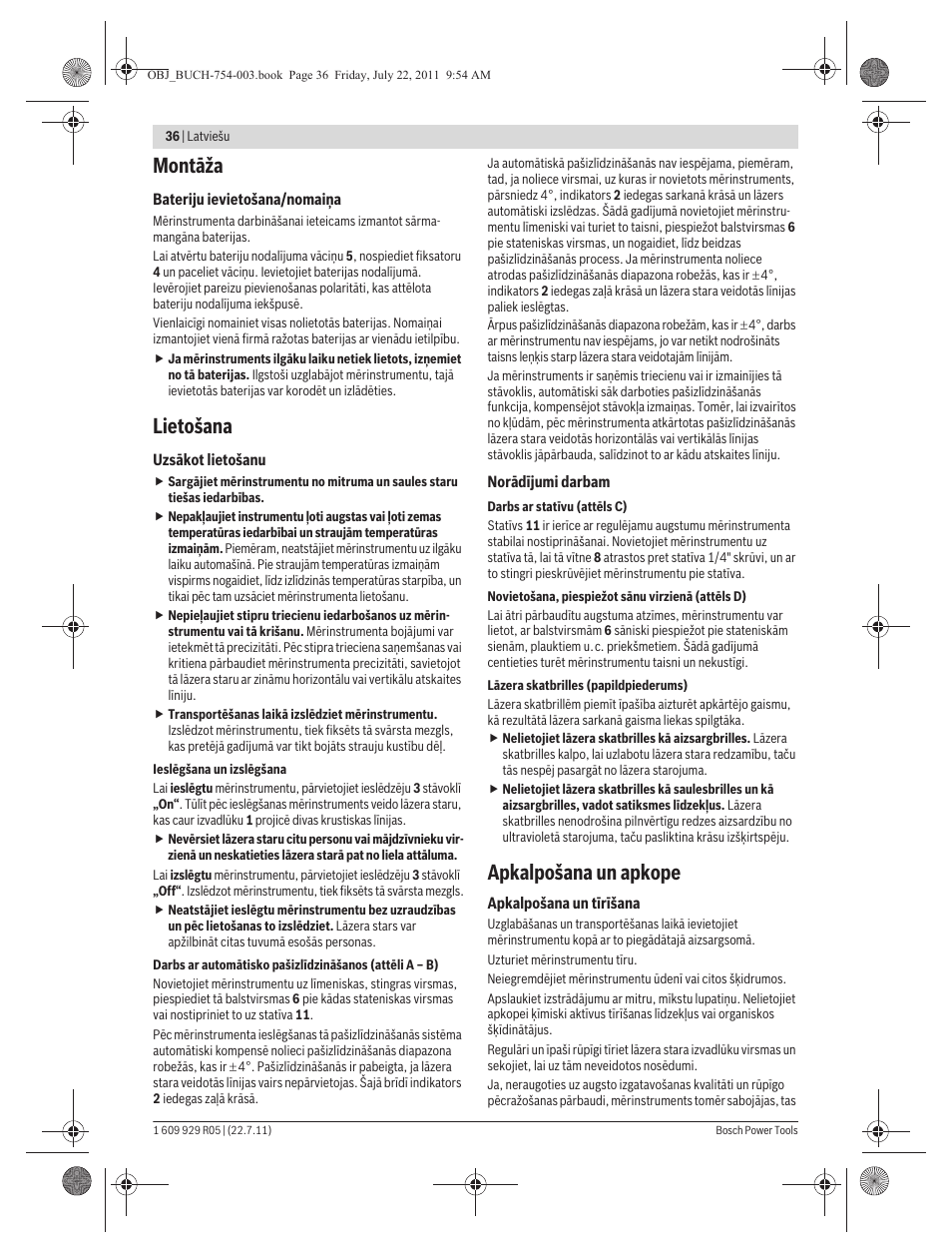 Montāža, Lietošana, Apkalpošana un apkope | Bosch PCL 10 User Manual | Page 36 / 39