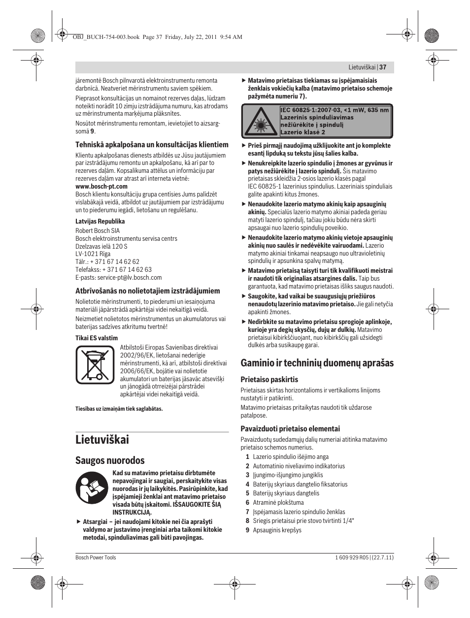 Lietuviškai, Saugos nuorodos, Gaminio ir techninių duomenų aprašas | Bosch PCL 10 User Manual | Page 37 / 39