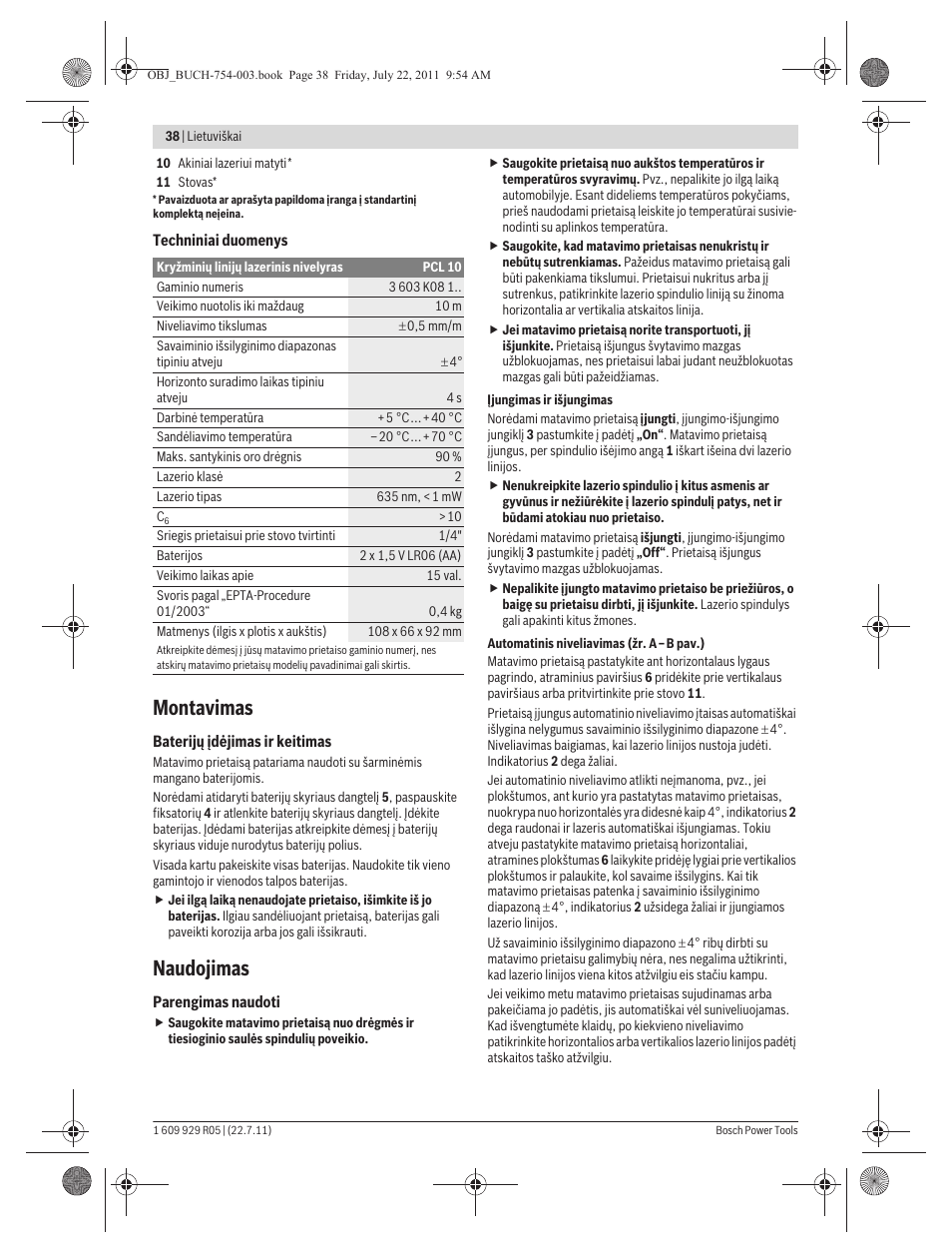 Montavimas, Naudojimas | Bosch PCL 10 User Manual | Page 38 / 39