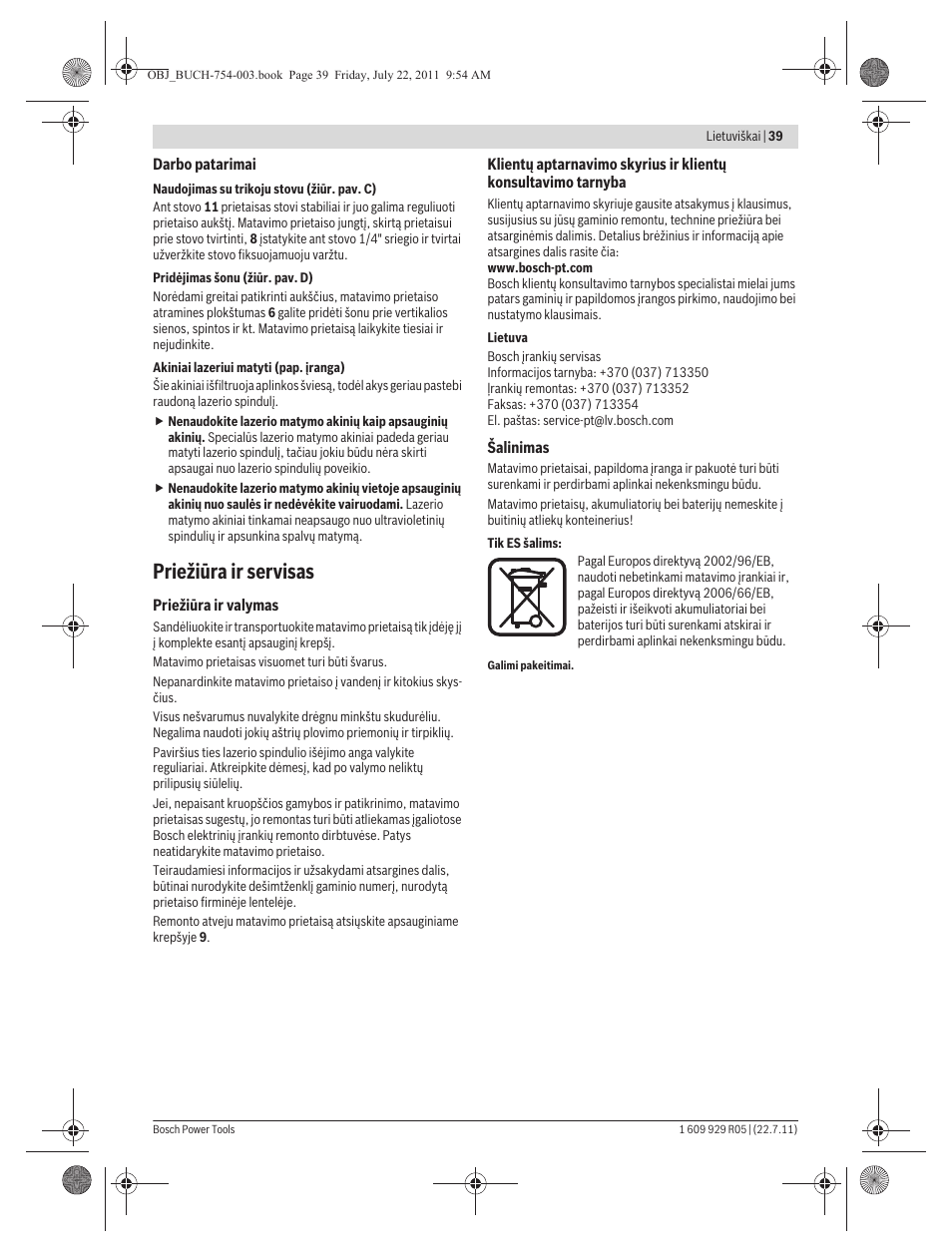 Priežiūra ir servisas | Bosch PCL 10 User Manual | Page 39 / 39