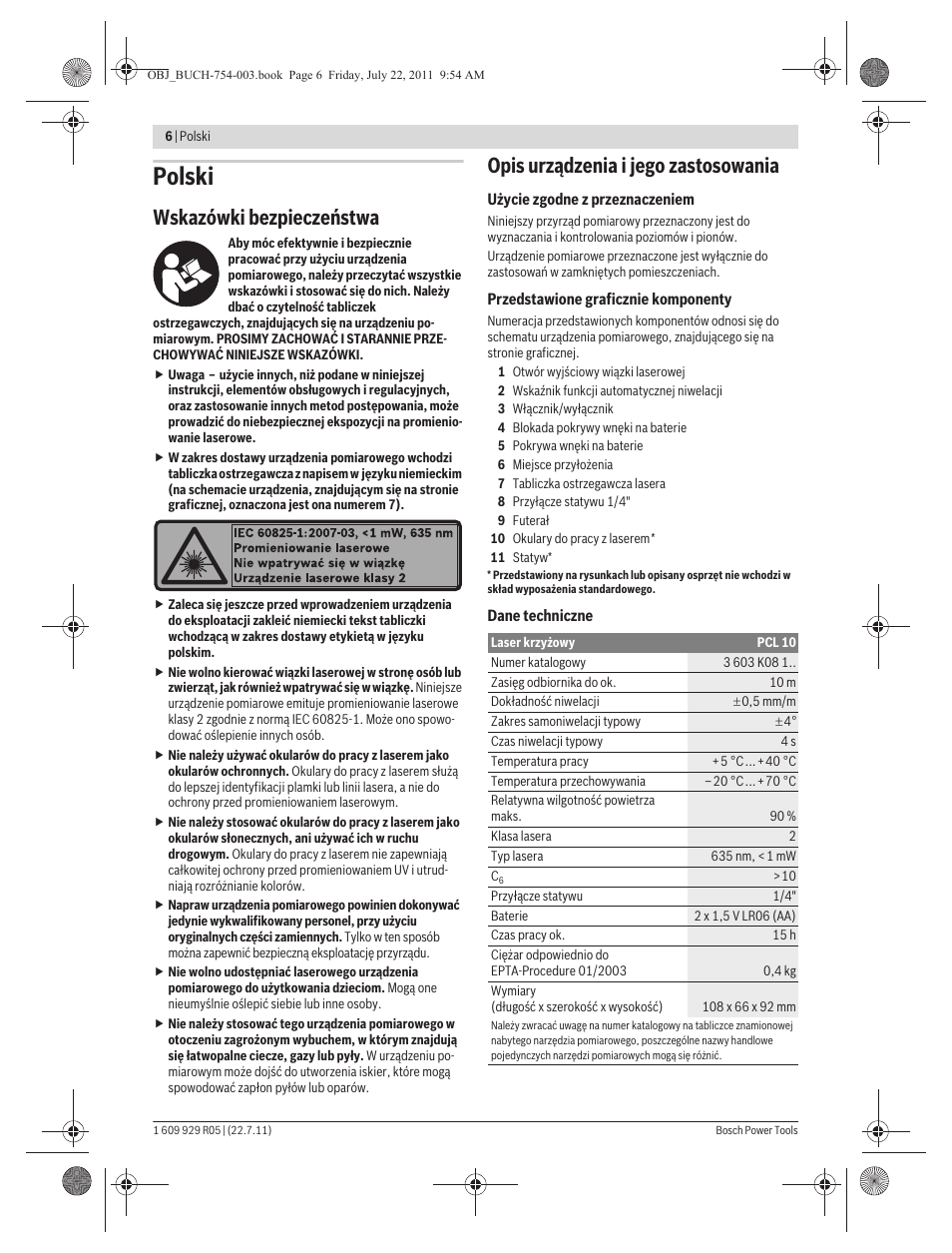 Polski, Wskazówki bezpieczeństwa, Opis urządzenia i jego zastosowania | Bosch PCL 10 User Manual | Page 6 / 39