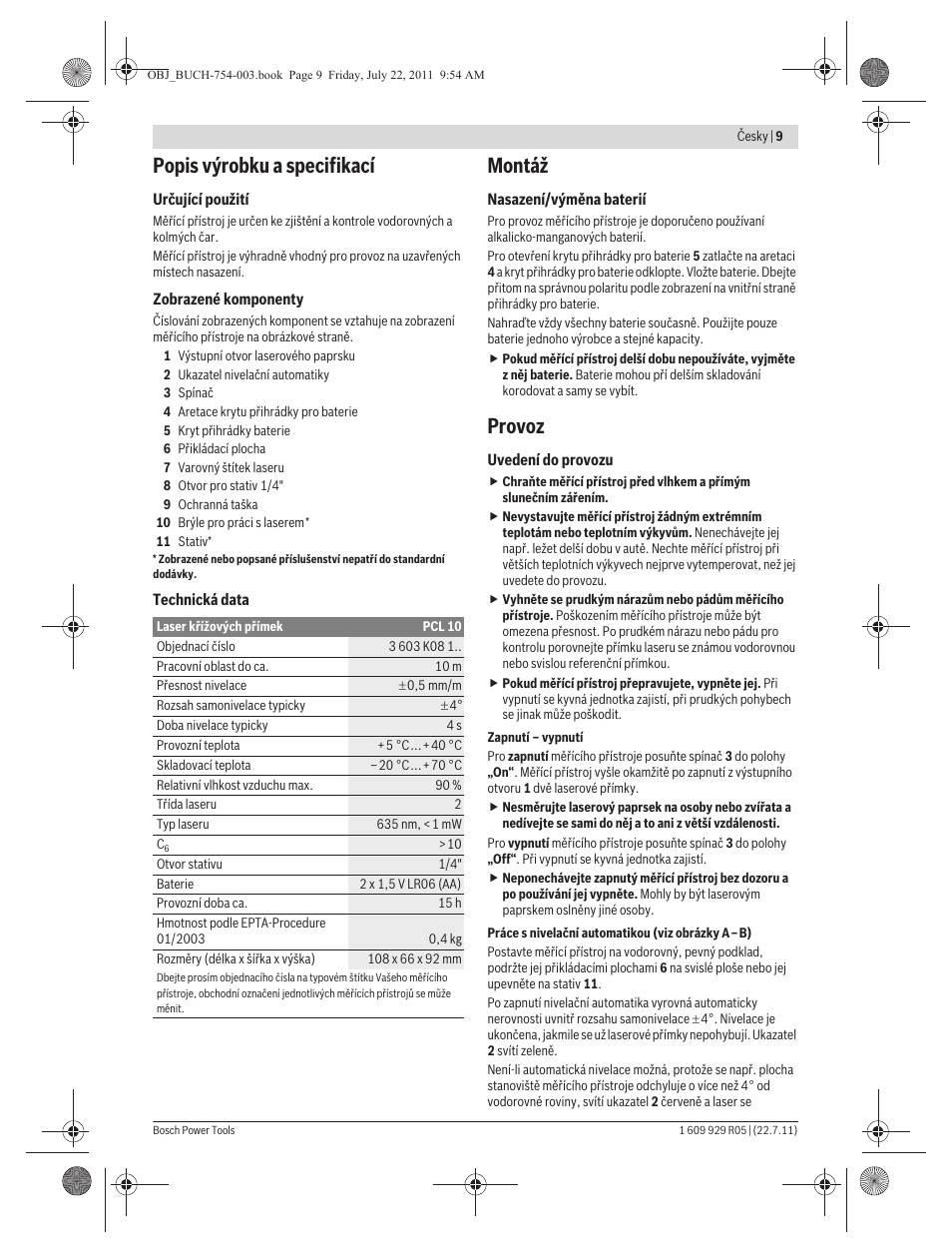 Popis výrobku a specifikací, Montáž, Provoz | Bosch PCL 10 User Manual | Page 9 / 39