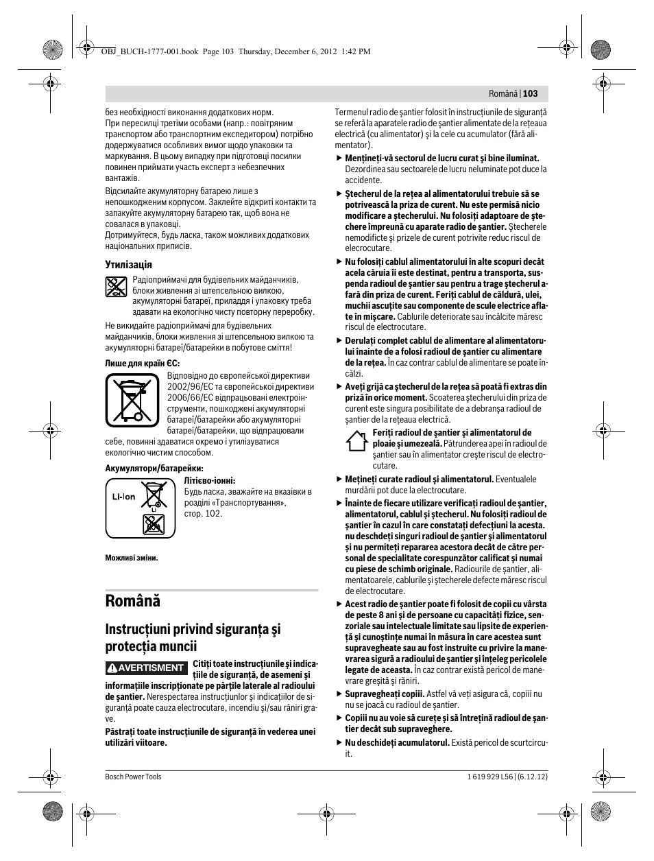 Română, Instrucţiuni privind siguranţa şi protecţia muncii | Bosch GML SoundBoxx Professional 14,4 V User Manual | Page 103 / 157