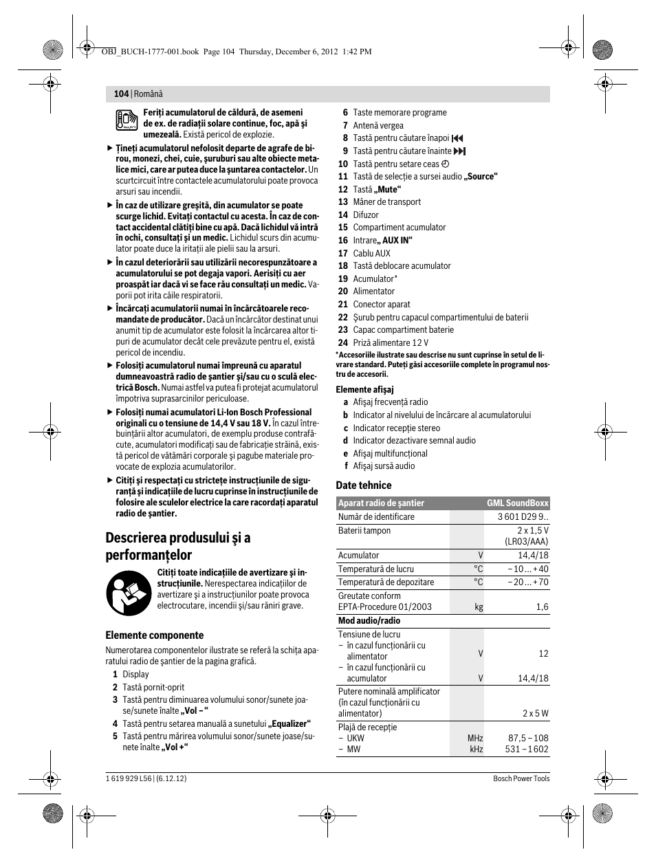 Descrierea produsului şi a performanţelor | Bosch GML SoundBoxx Professional 14,4 V User Manual | Page 104 / 157
