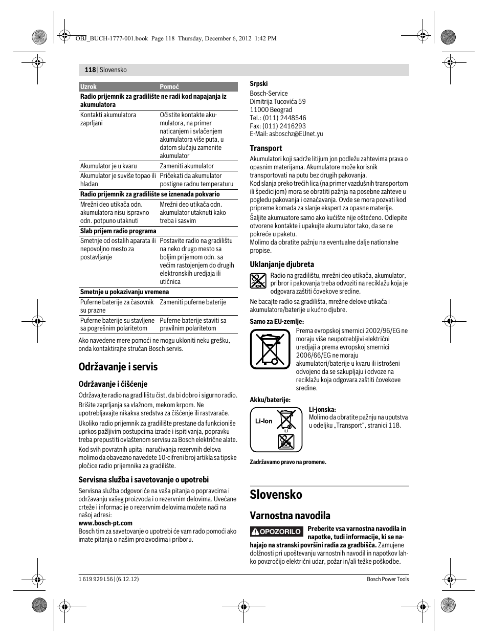 Slovensko, Održavanje i servis, Varnostna navodila | Bosch GML SoundBoxx Professional 14,4 V User Manual | Page 118 / 157
