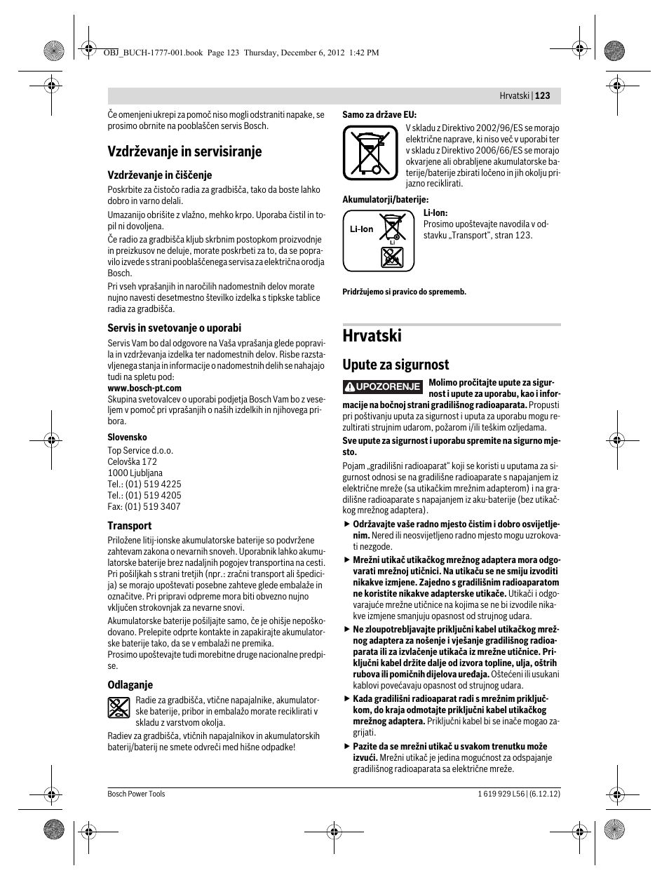 Hrvatski, Vzdrževanje in servisiranje, Upute za sigurnost | Bosch GML SoundBoxx Professional 14,4 V User Manual | Page 123 / 157