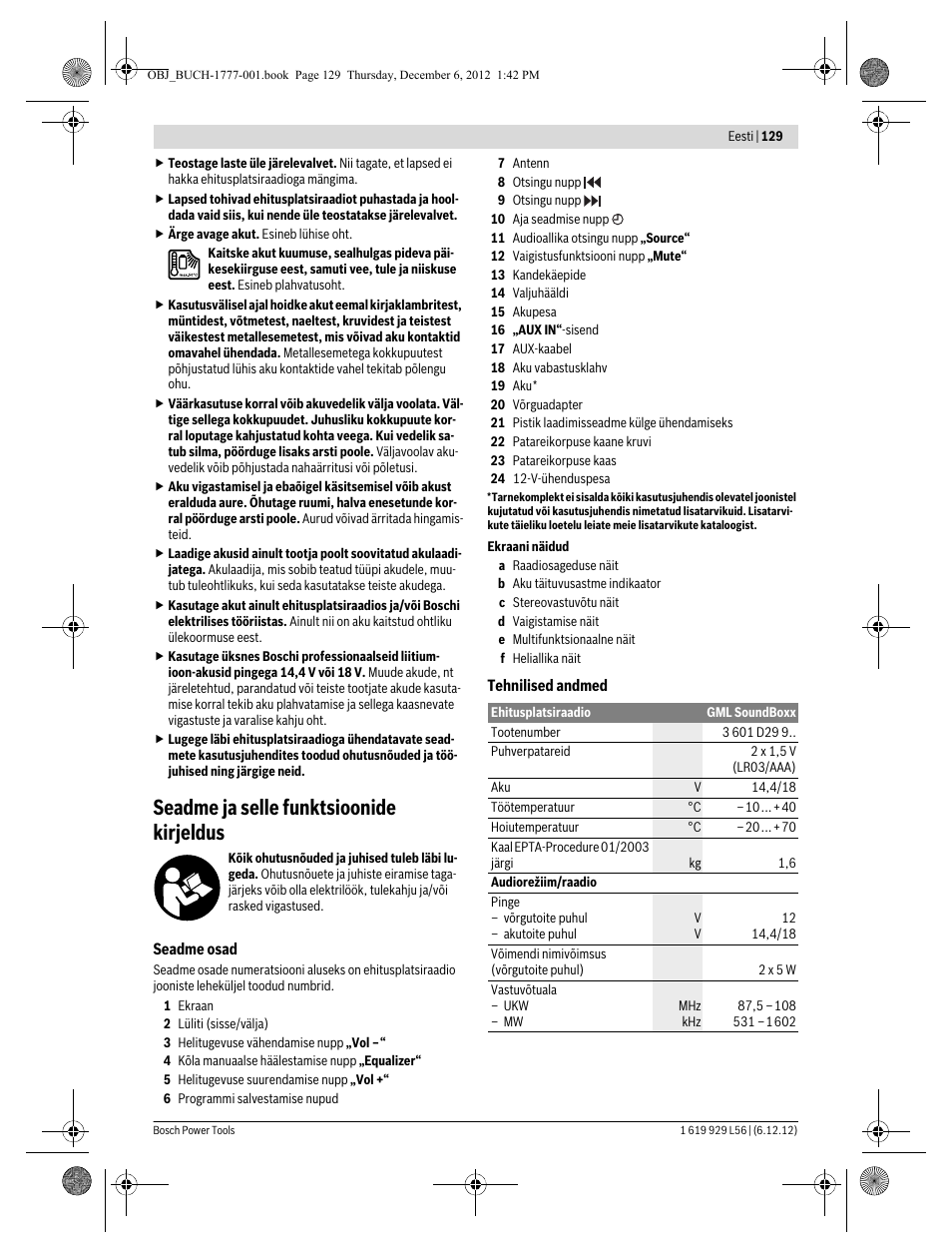 Seadme ja selle funktsioonide kirjeldus | Bosch GML SoundBoxx Professional 14,4 V User Manual | Page 129 / 157