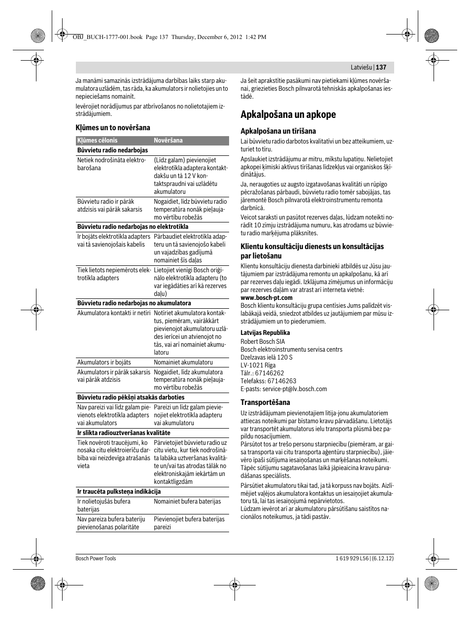 Apkalpošana un apkope | Bosch GML SoundBoxx Professional 14,4 V User Manual | Page 137 / 157