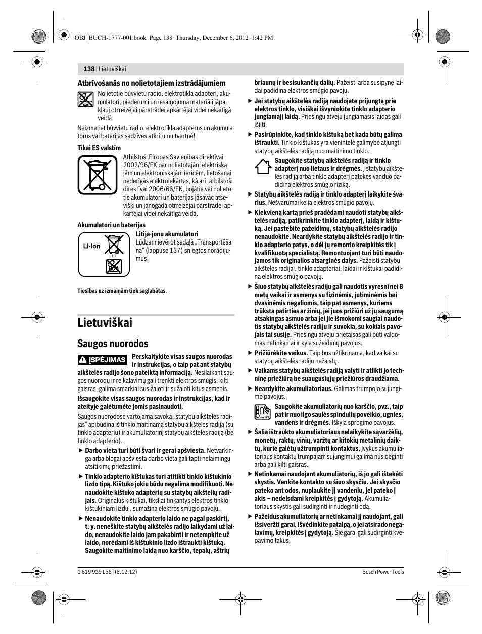 Lietuviškai, Saugos nuorodos | Bosch GML SoundBoxx Professional 14,4 V User Manual | Page 138 / 157