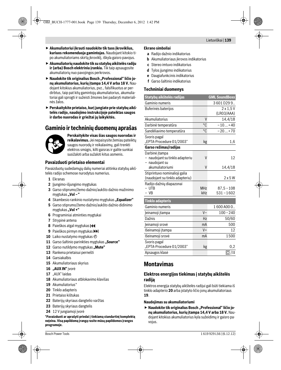 Gaminio ir techninių duomenų aprašas, Montavimas | Bosch GML SoundBoxx Professional 14,4 V User Manual | Page 139 / 157