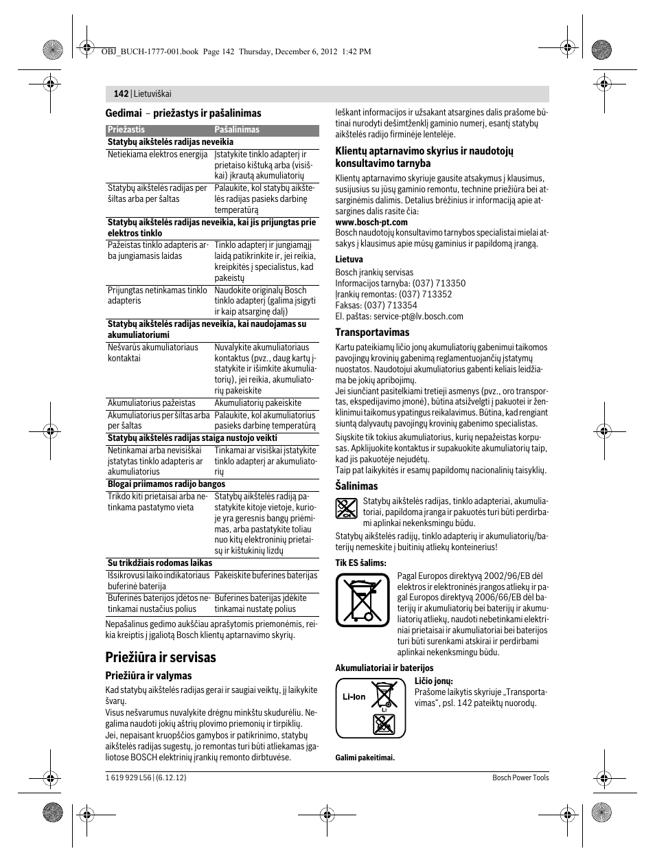Priežiūra ir servisas | Bosch GML SoundBoxx Professional 14,4 V User Manual | Page 142 / 157