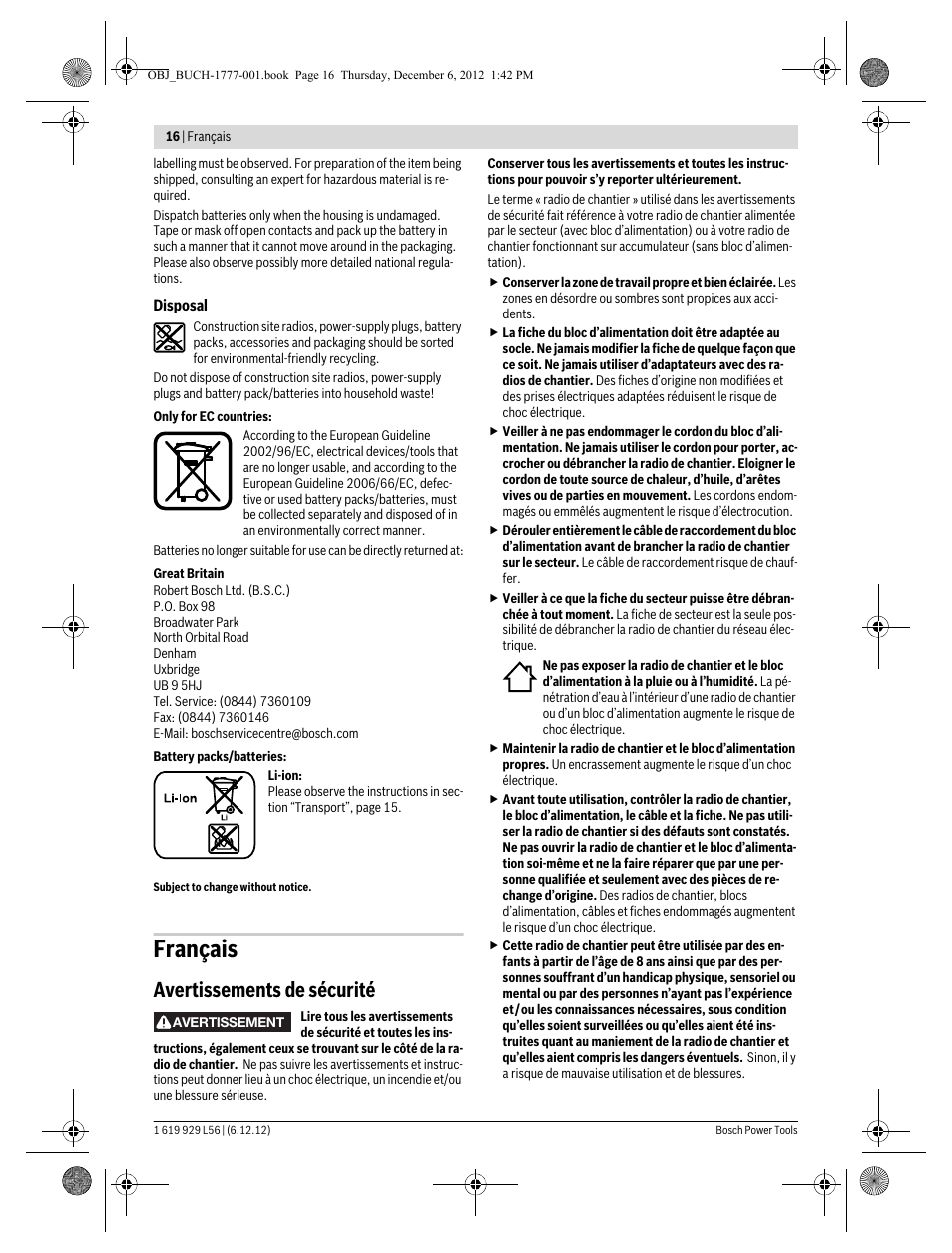 Français, Avertissements de sécurité | Bosch GML SoundBoxx Professional 14,4 V User Manual | Page 16 / 157