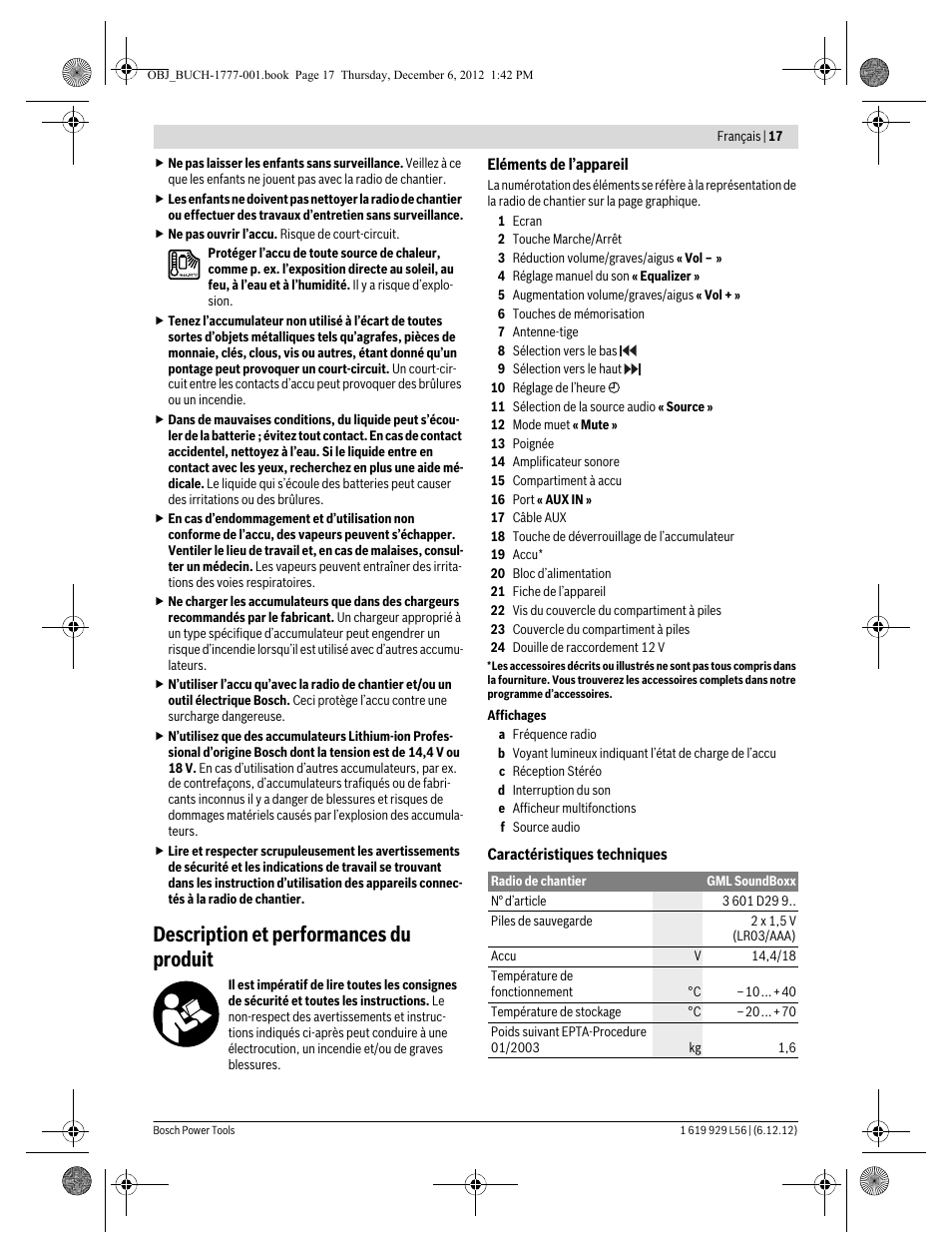 Description et performances du produit | Bosch GML SoundBoxx Professional 14,4 V User Manual | Page 17 / 157
