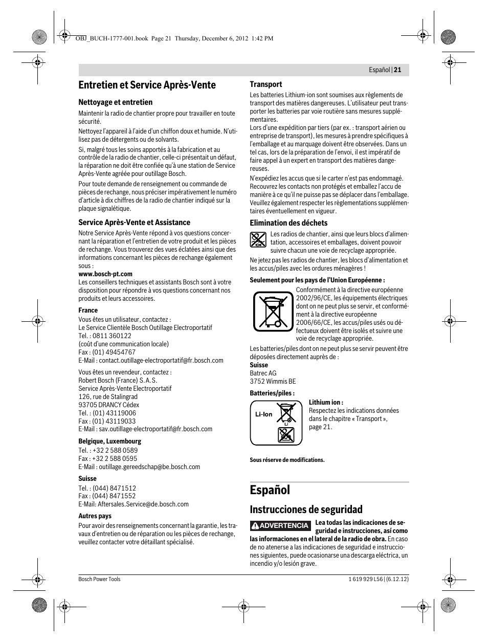 Español, Entretien et service après-vente, Instrucciones de seguridad | Bosch GML SoundBoxx Professional 14,4 V User Manual | Page 21 / 157