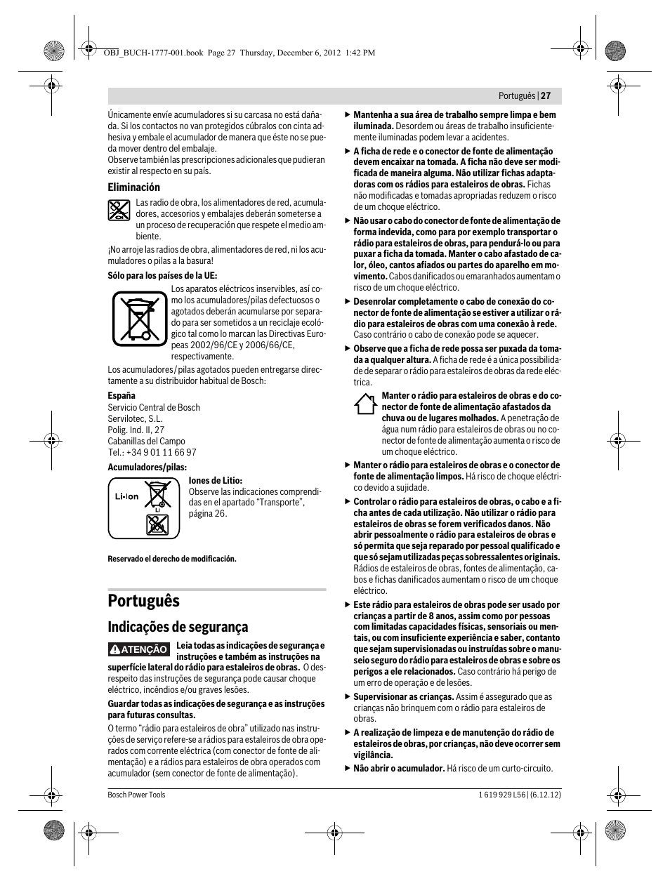 Português, Indicações de segurança | Bosch GML SoundBoxx Professional 14,4 V User Manual | Page 27 / 157