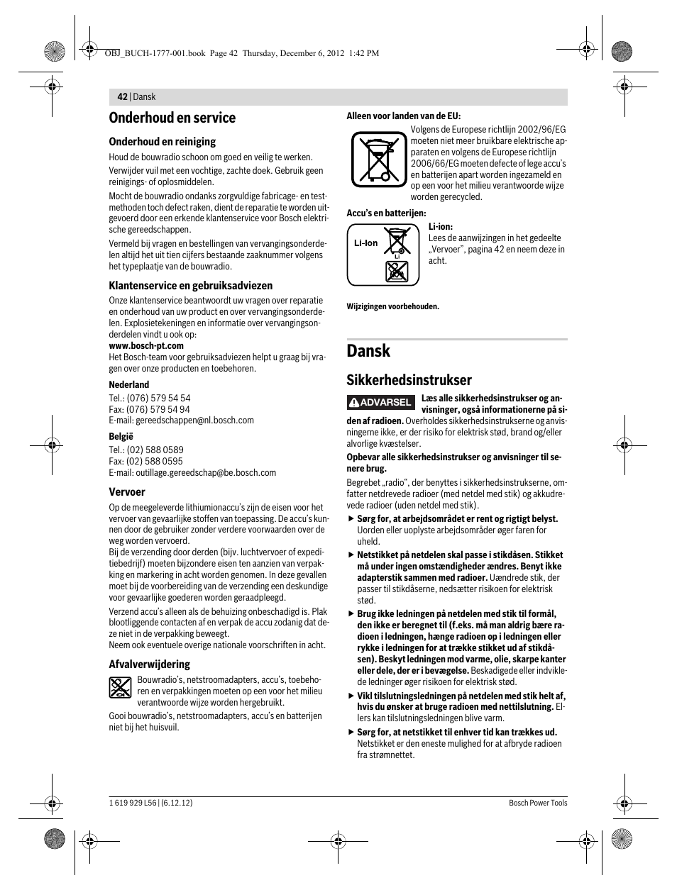 Dansk, Onderhoud en service, Sikkerhedsinstrukser | Bosch GML SoundBoxx Professional 14,4 V User Manual | Page 42 / 157