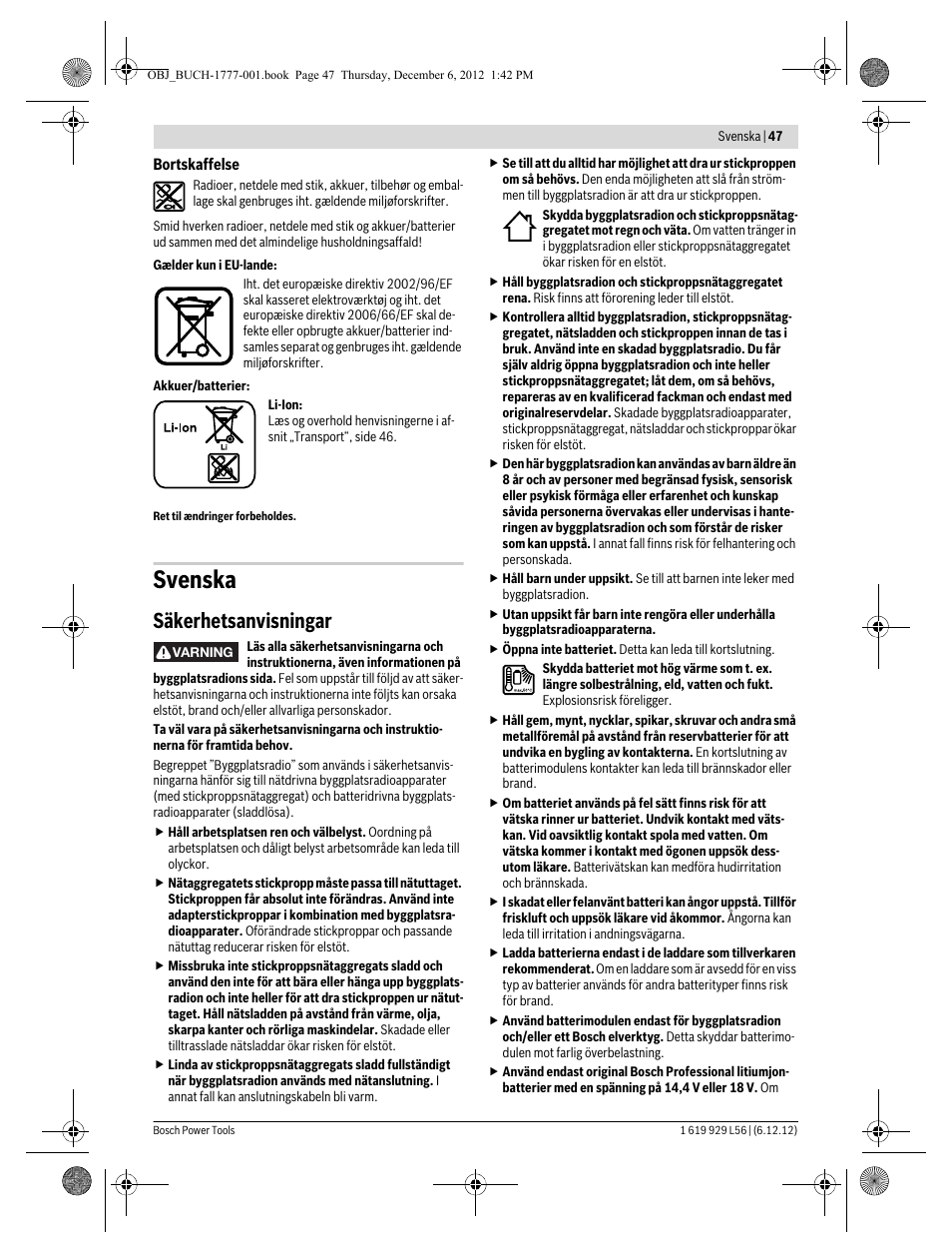 Svenska, Säkerhetsanvisningar | Bosch GML SoundBoxx Professional 14,4 V User Manual | Page 47 / 157