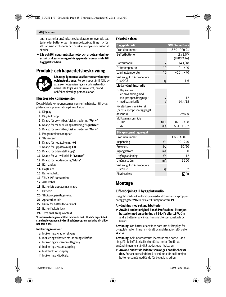 Produkt- och kapacitetsbeskrivning, Montage | Bosch GML SoundBoxx Professional 14,4 V User Manual | Page 48 / 157