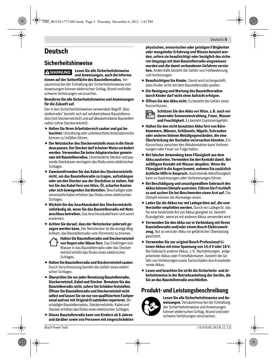 Deutsch, Sicherheitshinweise, Produkt- und leistungsbeschreibung | Bosch GML SoundBoxx Professional 14,4 V User Manual | Page 5 / 157