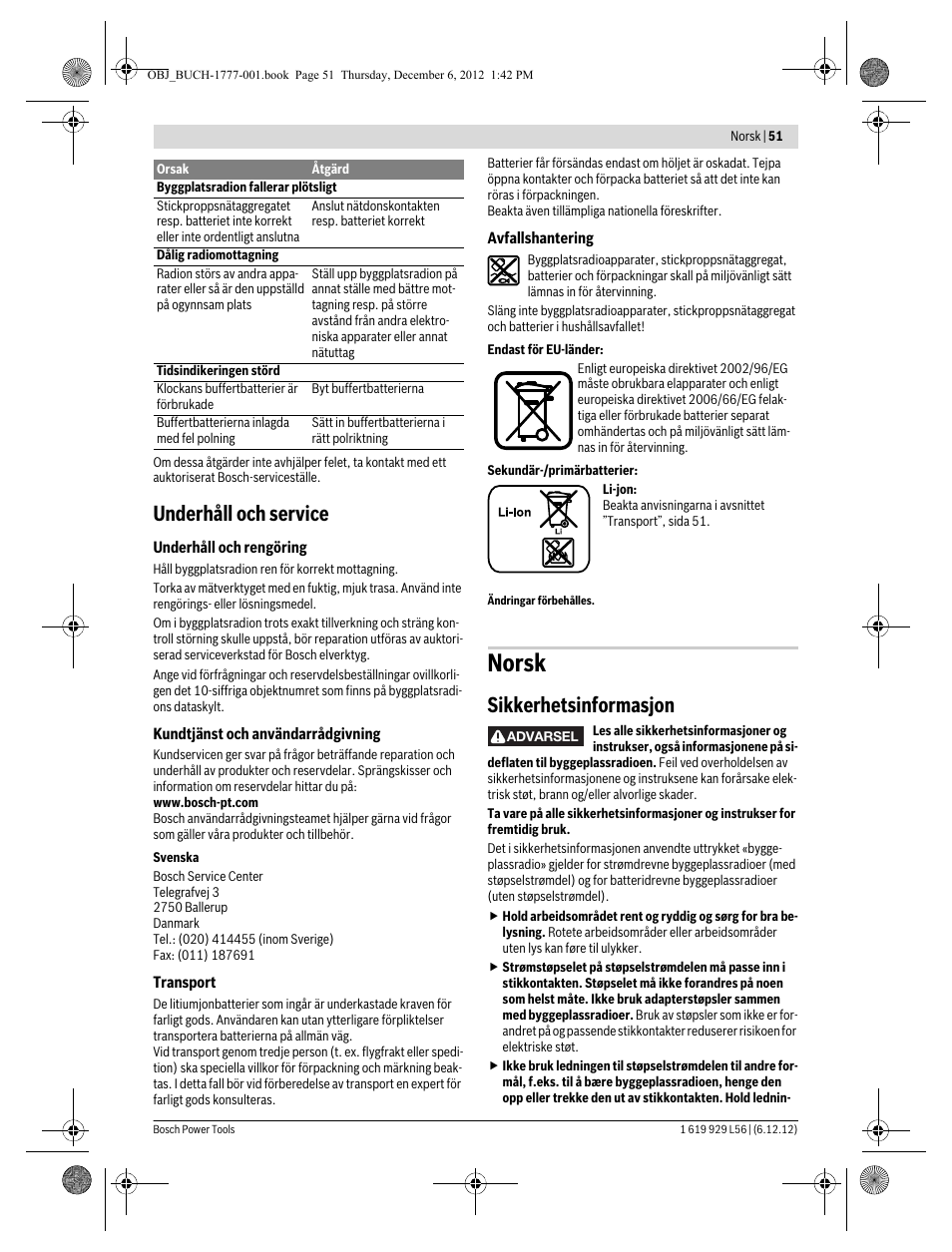 Norsk, Underhåll och service, Sikkerhetsinformasjon | Bosch GML SoundBoxx Professional 14,4 V User Manual | Page 51 / 157