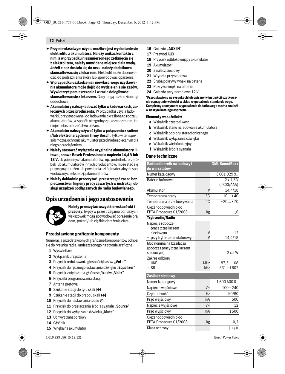 Opis urządzenia i jego zastosowania | Bosch GML SoundBoxx Professional 14,4 V User Manual | Page 72 / 157