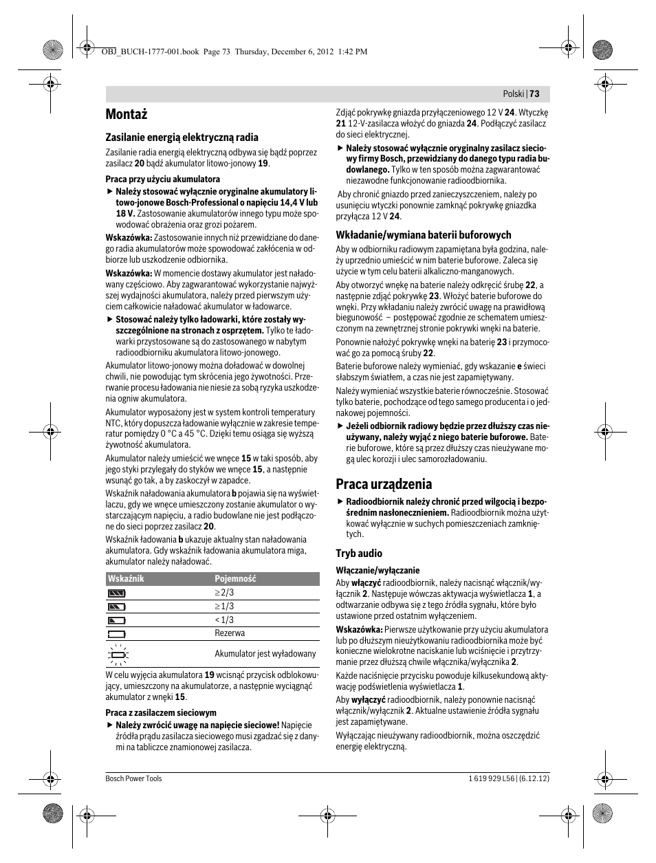 Montaż, Praca urządzenia | Bosch GML SoundBoxx Professional 14,4 V User Manual | Page 73 / 157