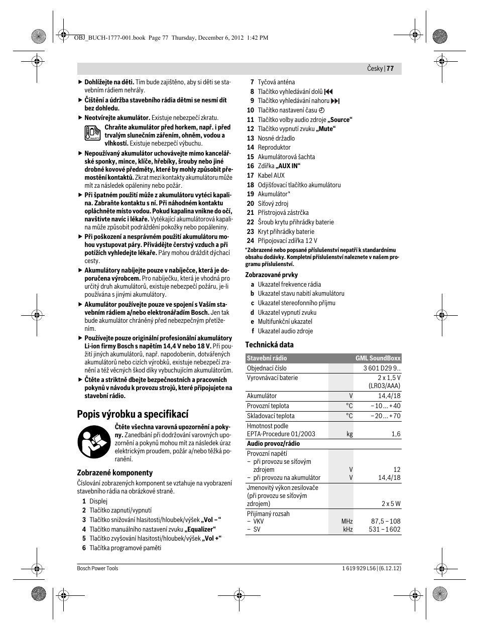 Popis výrobku a specifikací | Bosch GML SoundBoxx Professional 14,4 V User Manual | Page 77 / 157
