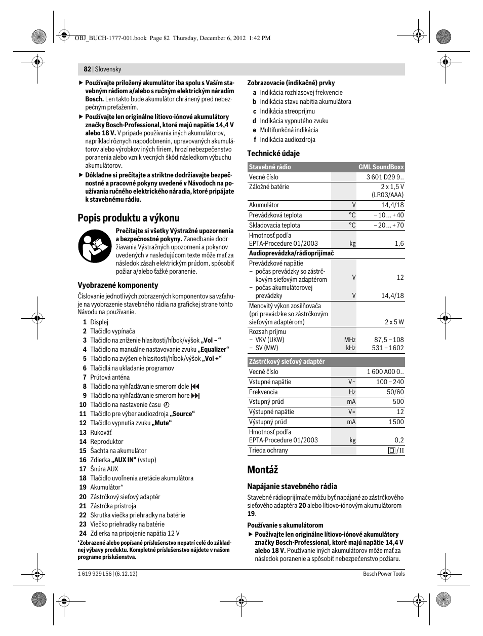 Popis produktu a výkonu, Montáž | Bosch GML SoundBoxx Professional 14,4 V User Manual | Page 82 / 157