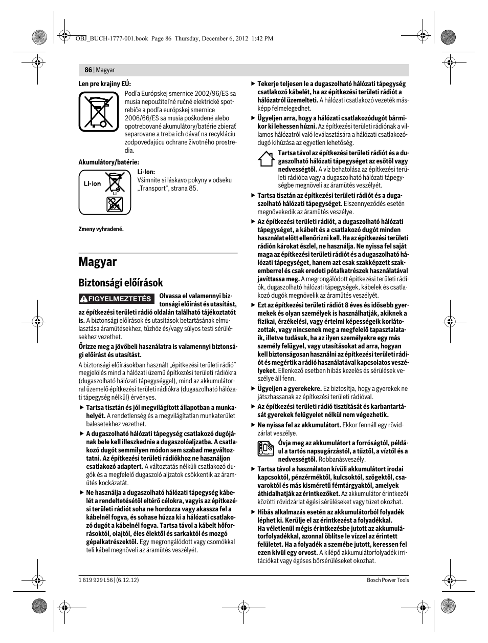 Magyar, Biztonsági előírások | Bosch GML SoundBoxx Professional 14,4 V User Manual | Page 86 / 157