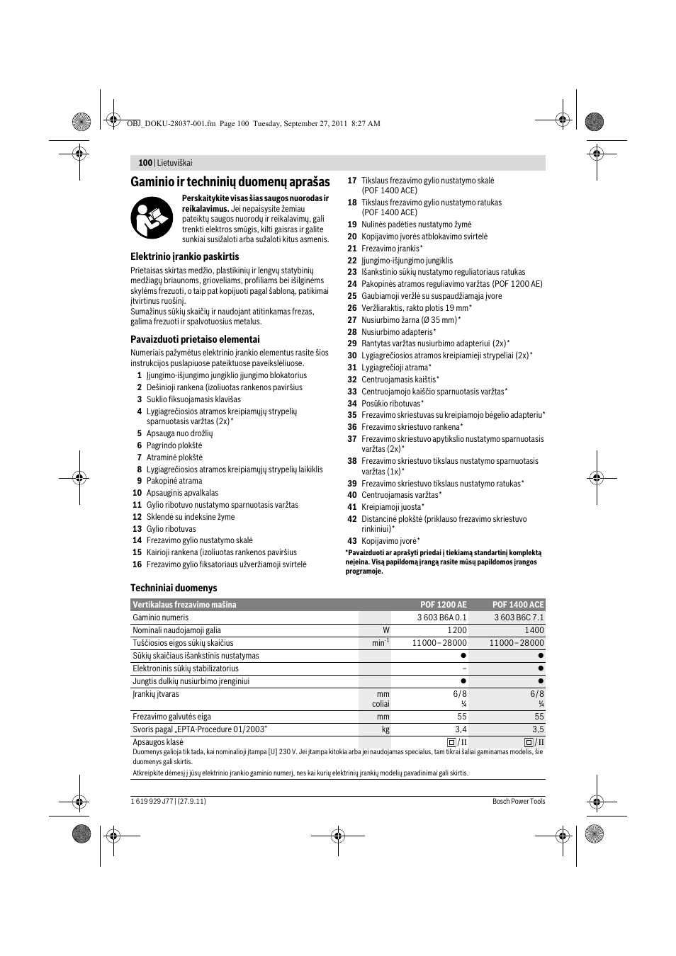 Gaminio ir techninių duomenų aprašas | Bosch POF 1200 AE User Manual | Page 100 / 106