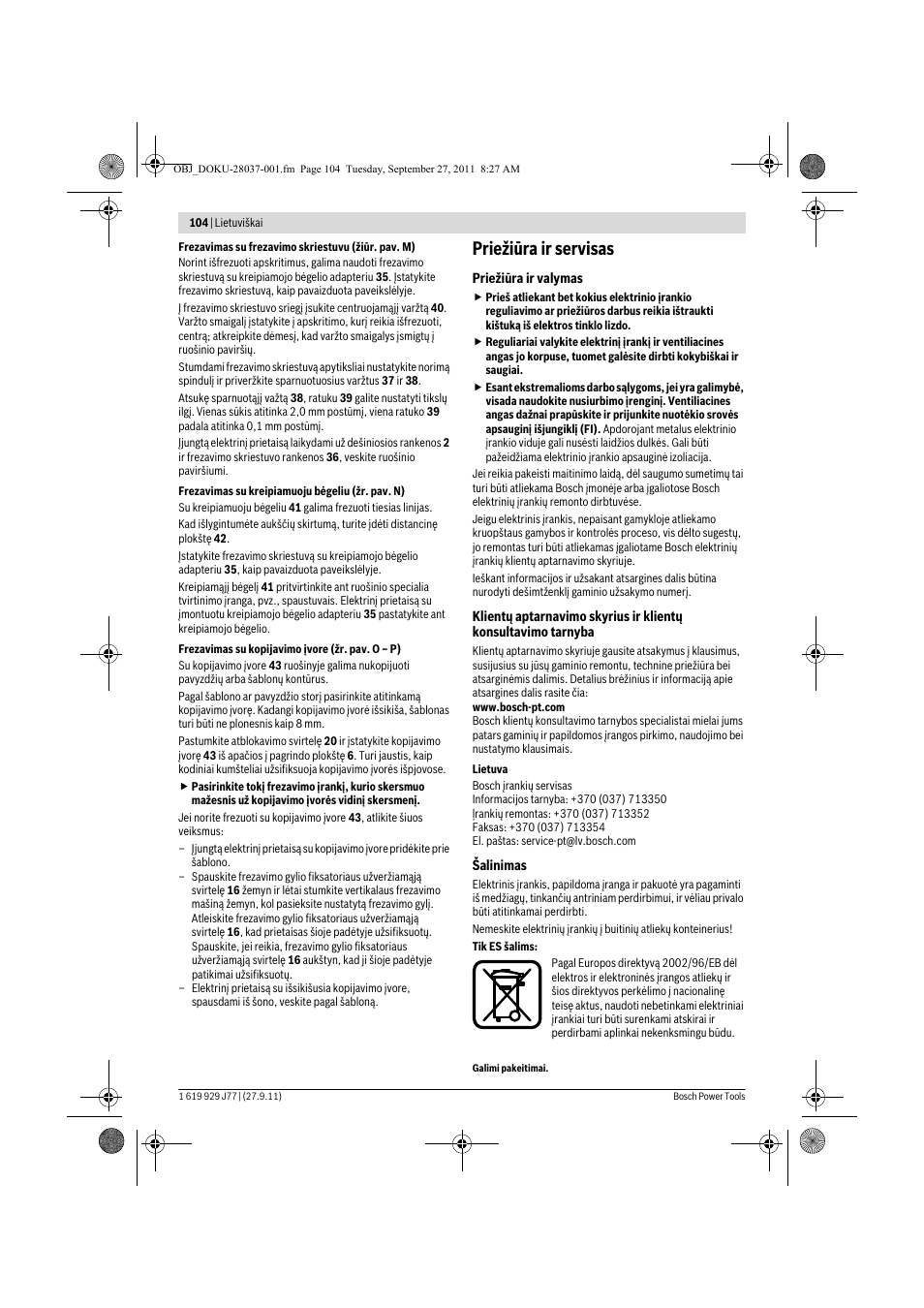 Priežiūra ir servisas | Bosch POF 1200 AE User Manual | Page 104 / 106