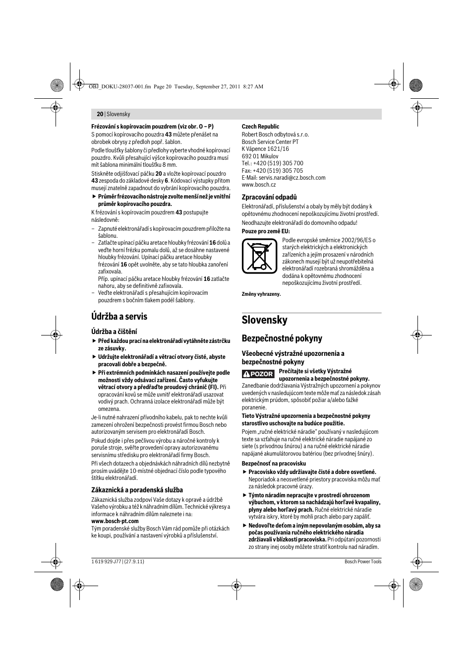 Slovensky, Údržba a servis, Bezpečnostné pokyny | Bosch POF 1200 AE User Manual | Page 20 / 106