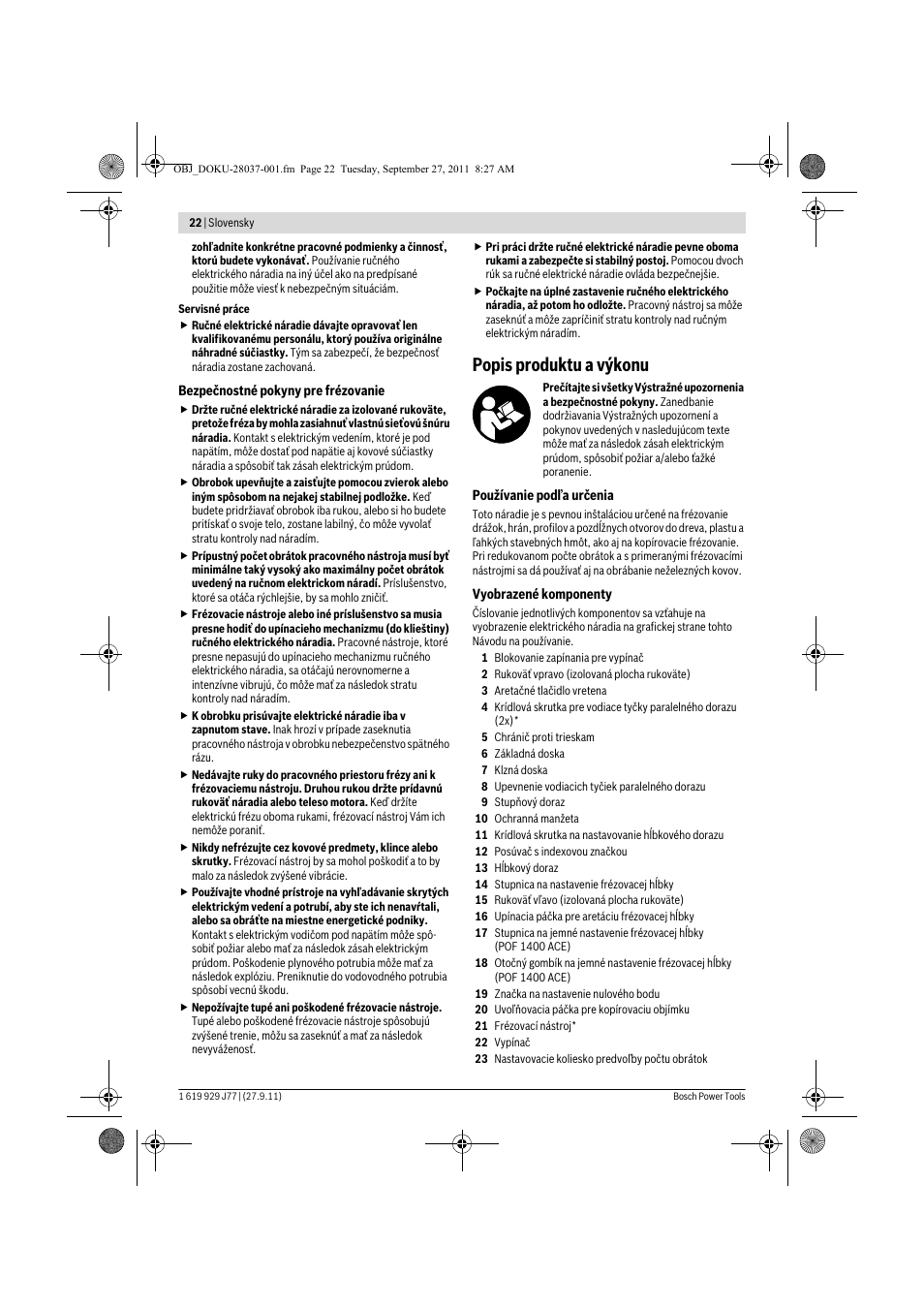 Popis produktu a výkonu | Bosch POF 1200 AE User Manual | Page 22 / 106