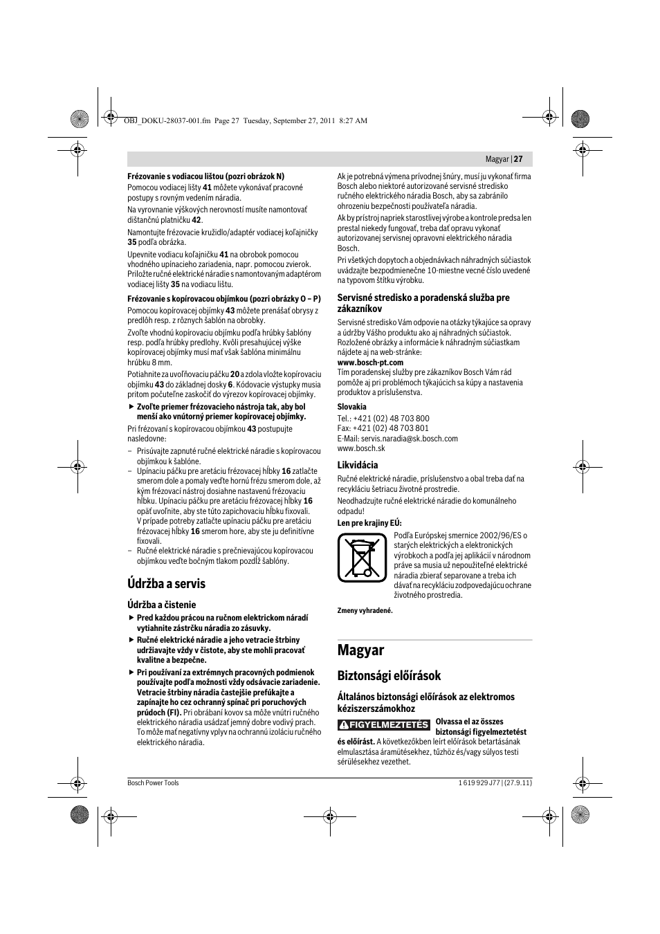 Magyar, Údržba a servis, Biztonsági előírások | Bosch POF 1200 AE User Manual | Page 27 / 106