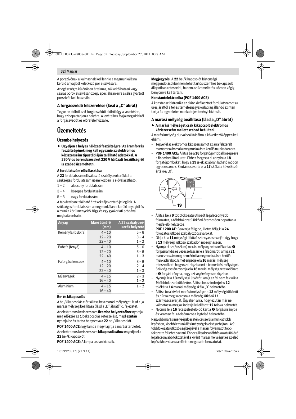 Üzemeltetés | Bosch POF 1200 AE User Manual | Page 32 / 106