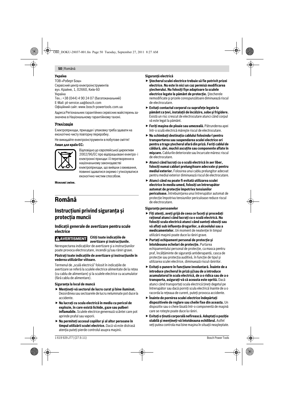 Română, Instrucţiuni privind siguranţa şi protecţia muncii | Bosch POF 1200 AE User Manual | Page 50 / 106