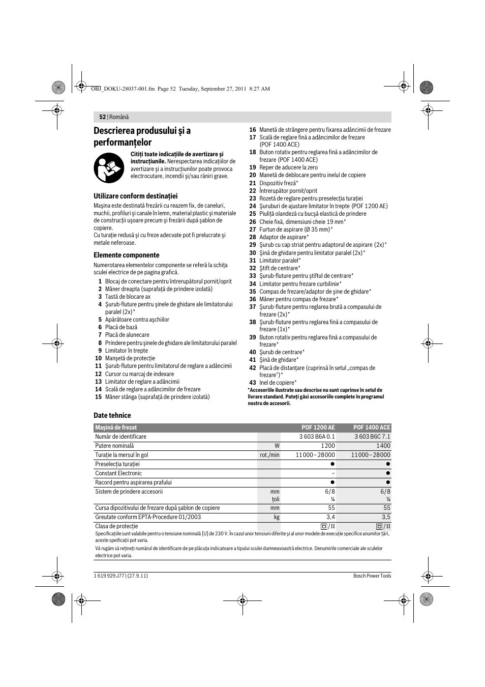 Descrierea produsului şi a performanţelor | Bosch POF 1200 AE User Manual | Page 52 / 106