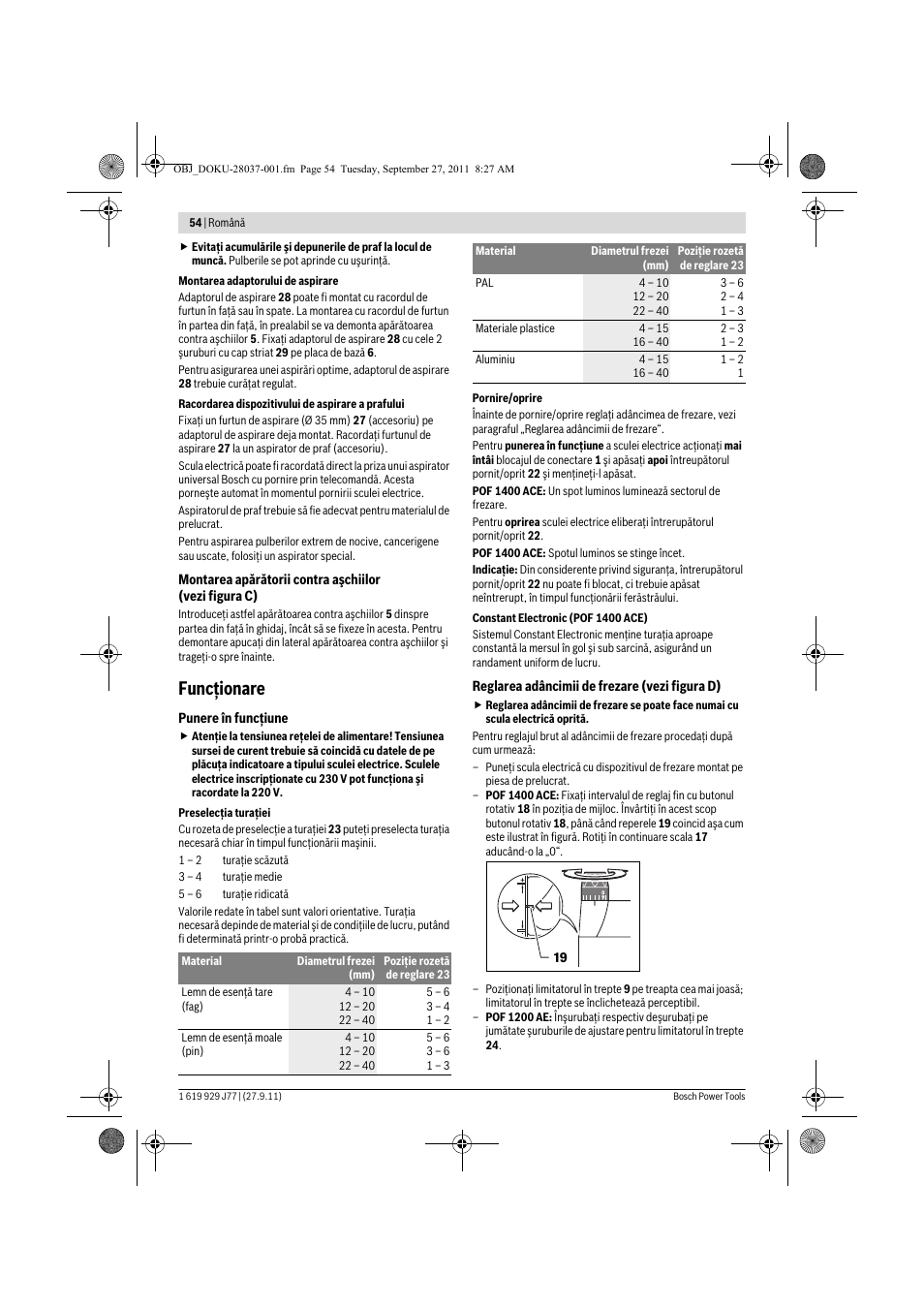 Funcţionare | Bosch POF 1200 AE User Manual | Page 54 / 106