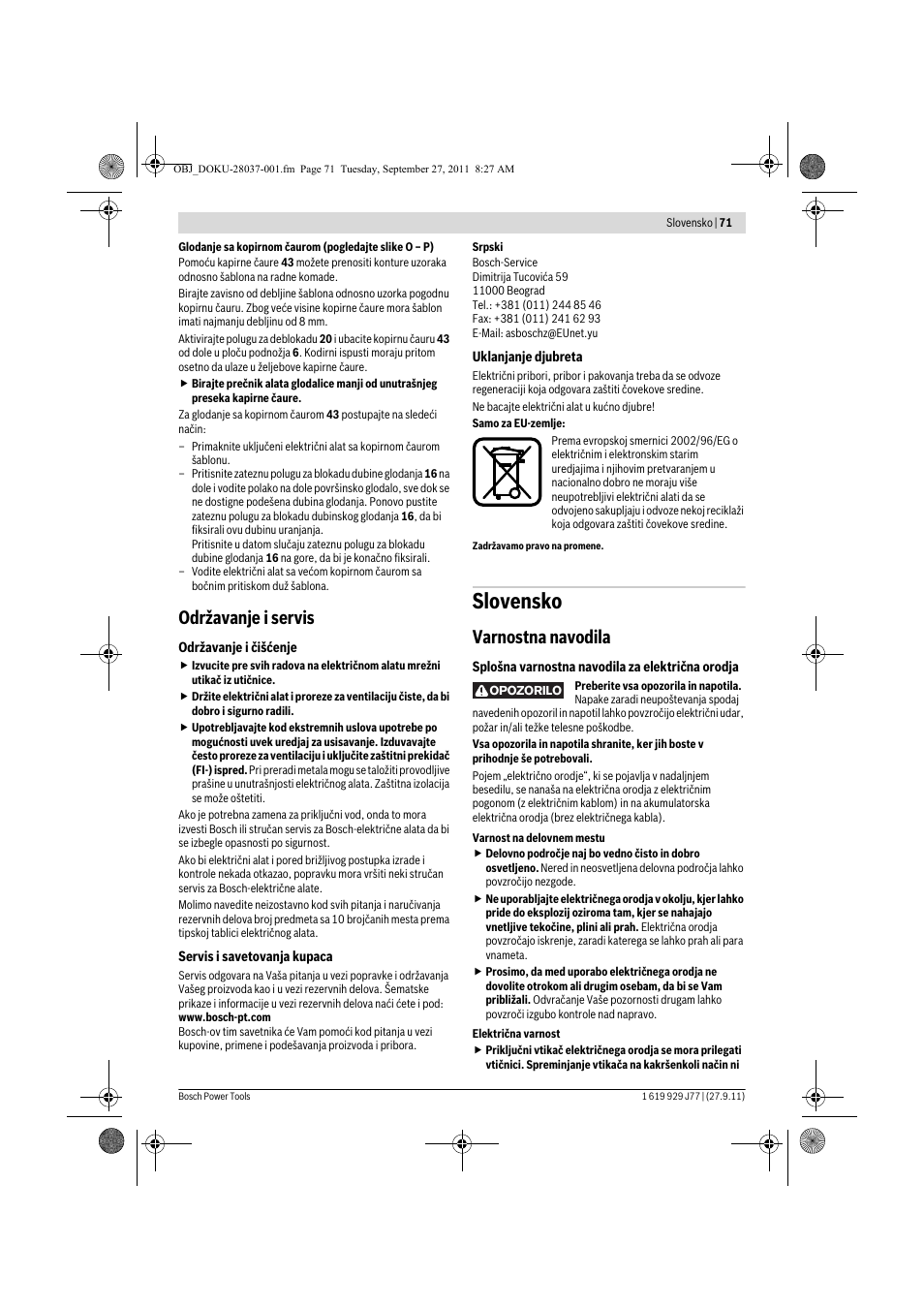 Slovensko, Održavanje i servis, Varnostna navodila | Bosch POF 1200 AE User Manual | Page 71 / 106