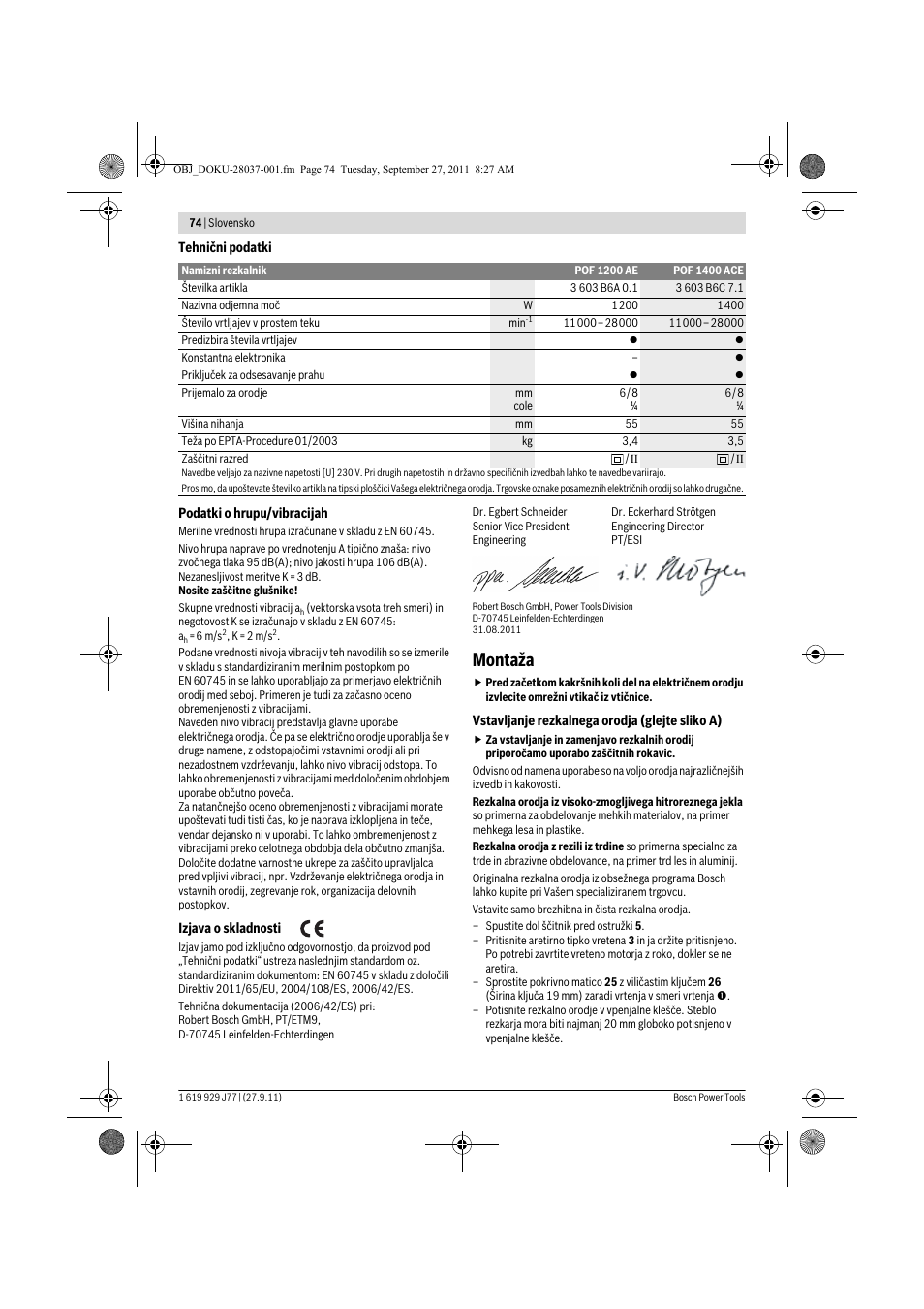 Montaža | Bosch POF 1200 AE User Manual | Page 74 / 106