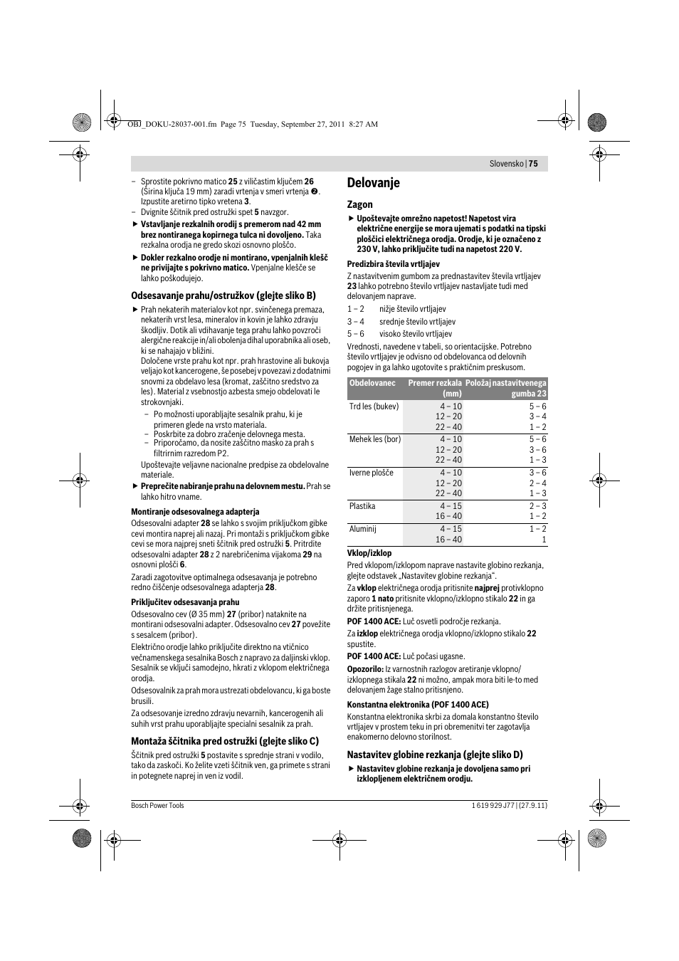 Delovanje | Bosch POF 1200 AE User Manual | Page 75 / 106