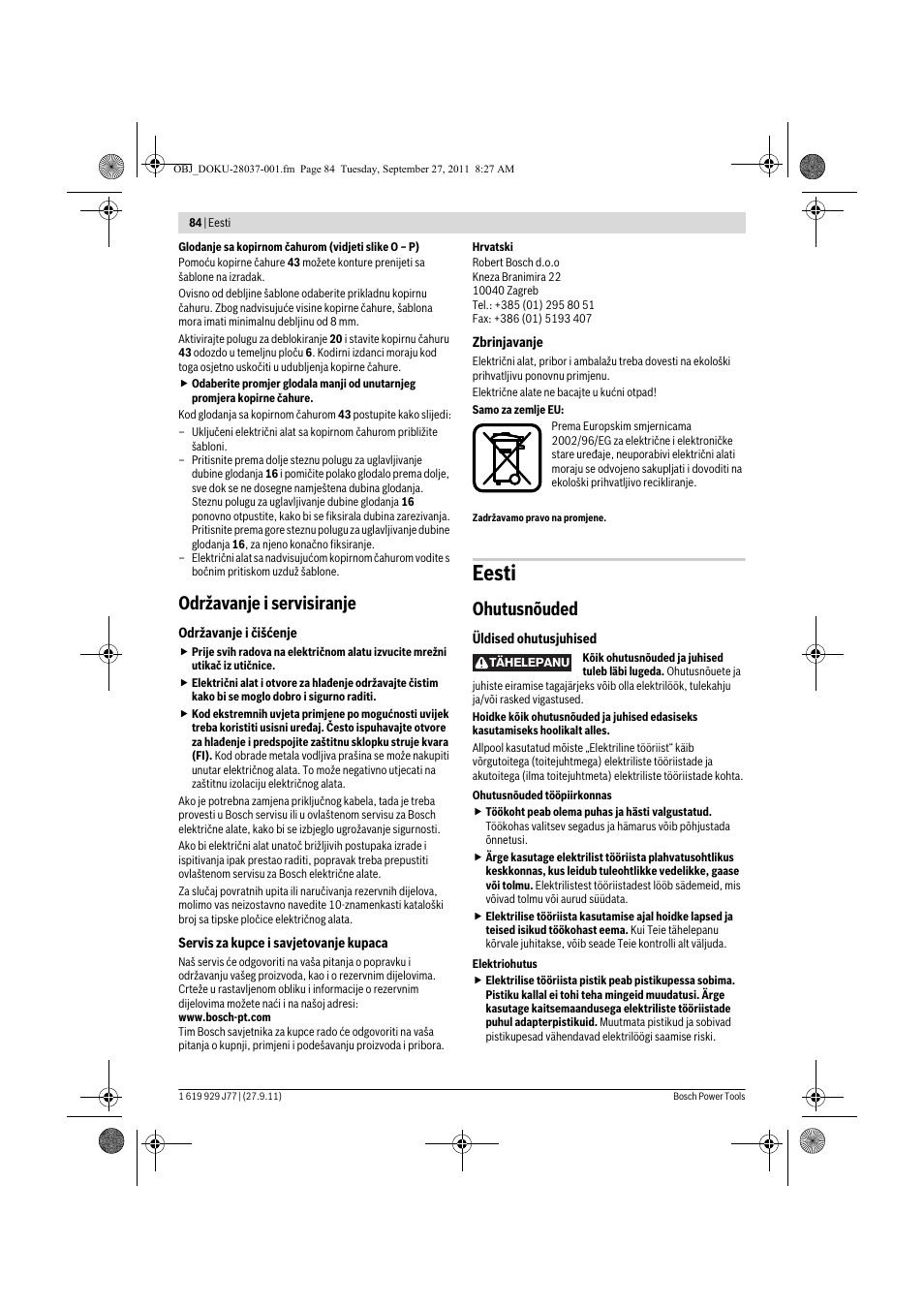 Eesti, Održavanje i servisiranje, Ohutusnõuded | Bosch POF 1200 AE User Manual | Page 84 / 106