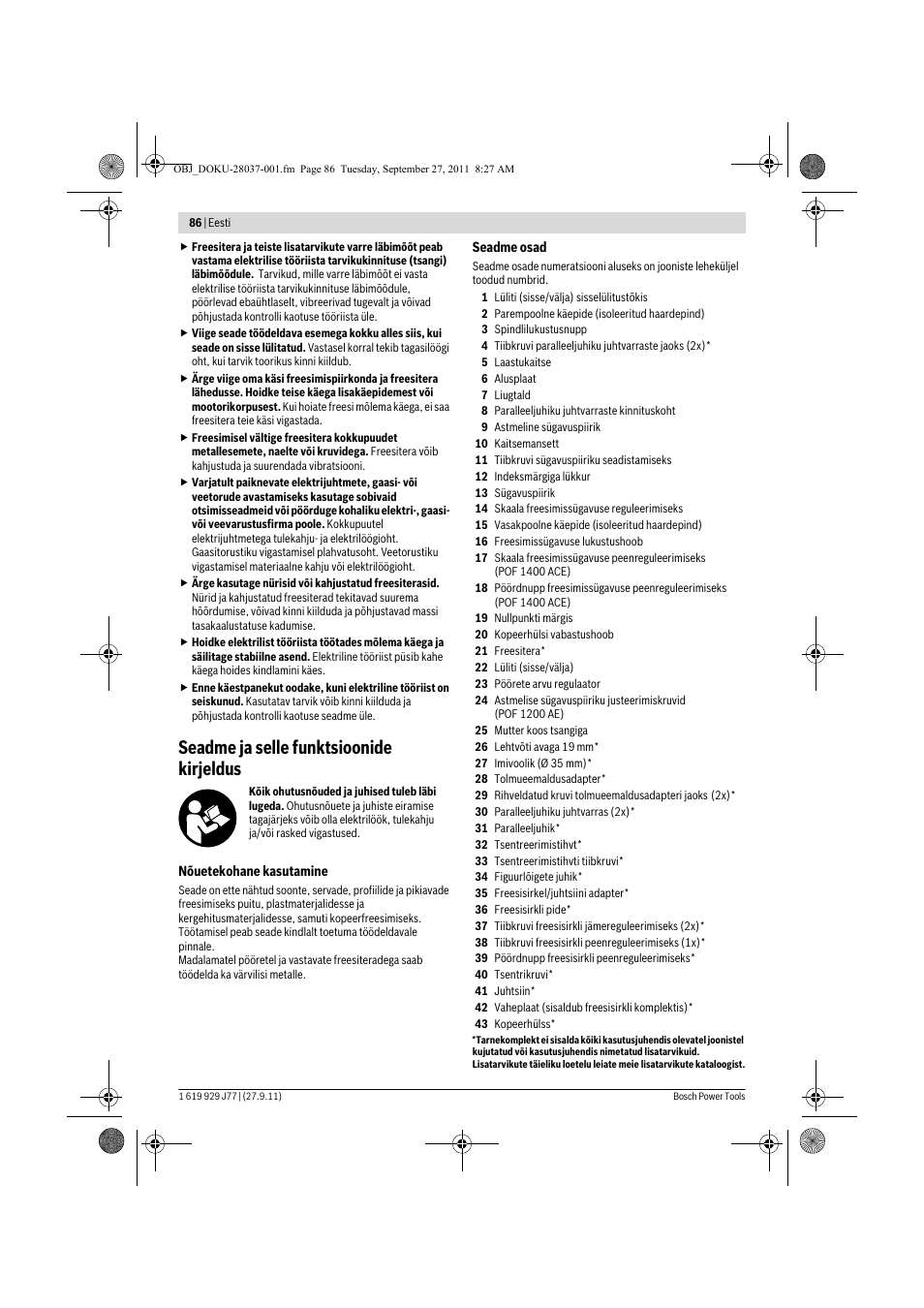 Seadme ja selle funktsioonide kirjeldus | Bosch POF 1200 AE User Manual | Page 86 / 106